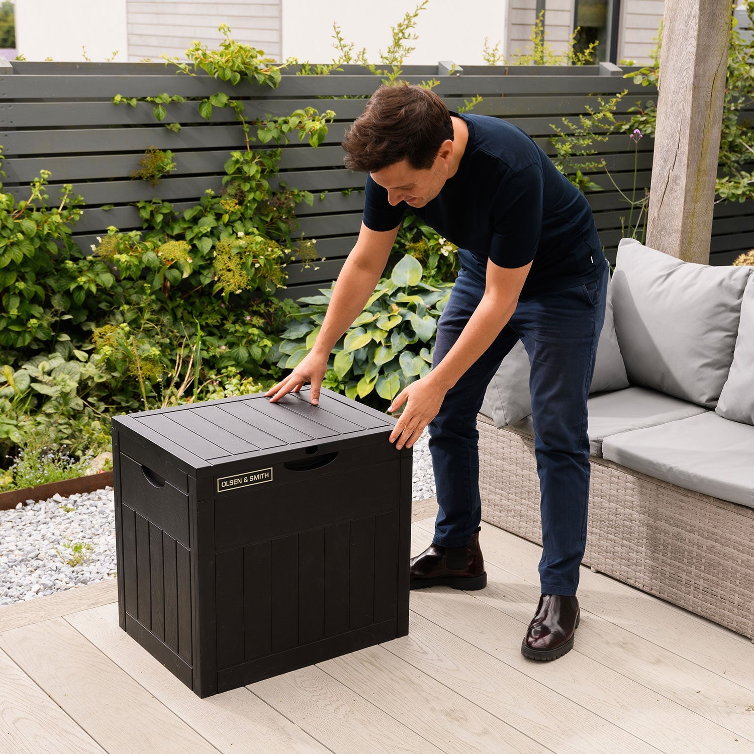 Olsen & Smith 126L Capacity Outdoor Garden Plastic Storage Box Small Balcony Furniture - Lockable with Padlock Lock, Weather Resistant, Wood Panel Look Shed Chest