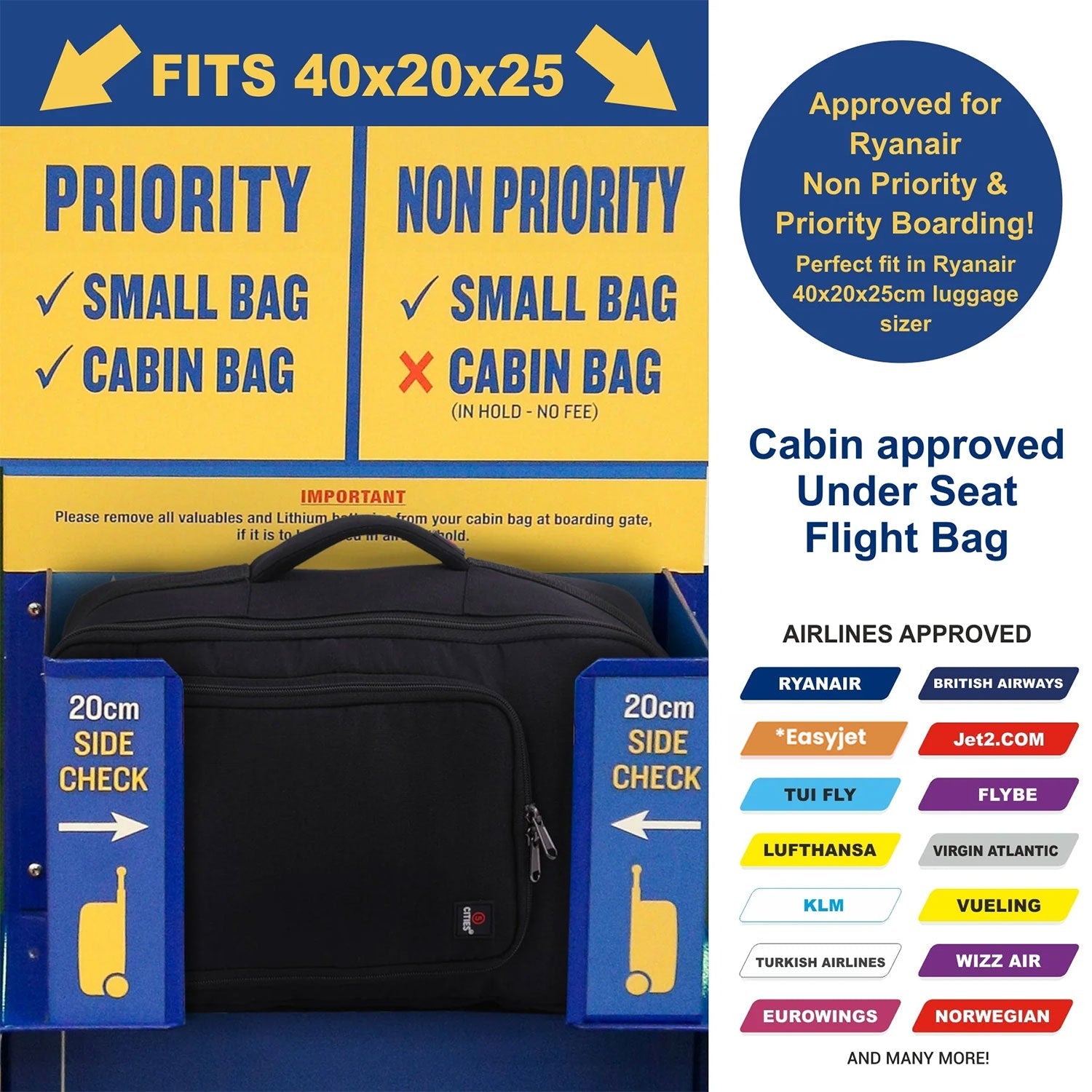 5 Cities Ryanair Max (40x20x25cm) New and Improved 2025 Backpack Rucksack Flight Bag with YKK Zippers, 40x25x20, Black