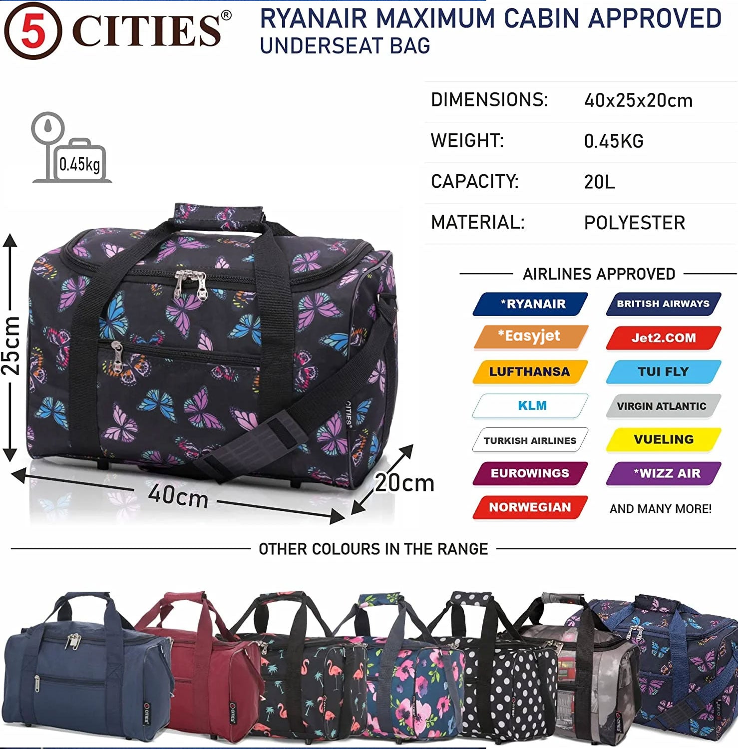 5 Cities (40x20x25cm) Ryanair Approved Hand Luggage Holdall Flight Bag, Under Seat Cabin Holdall – Take The Max On Board