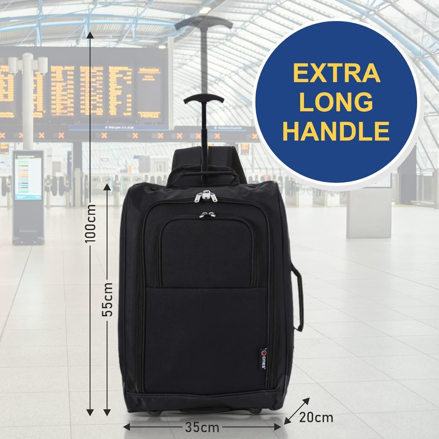 5 Cities (55x35x20cm) Lightweight Cabin Hand Luggage With a Retractable Telescopic Handle, Approved For Ryanair/easyJet/British Airways & more - Packed Direct UK