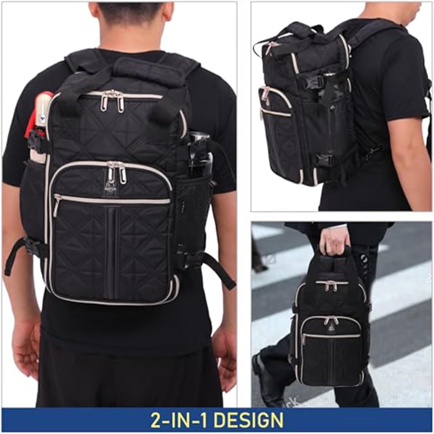 Aerolite 2-in-1 design backpack worn as a backpack and carried as a handbag, showcasing its versatility and ergonomic design for travelers.