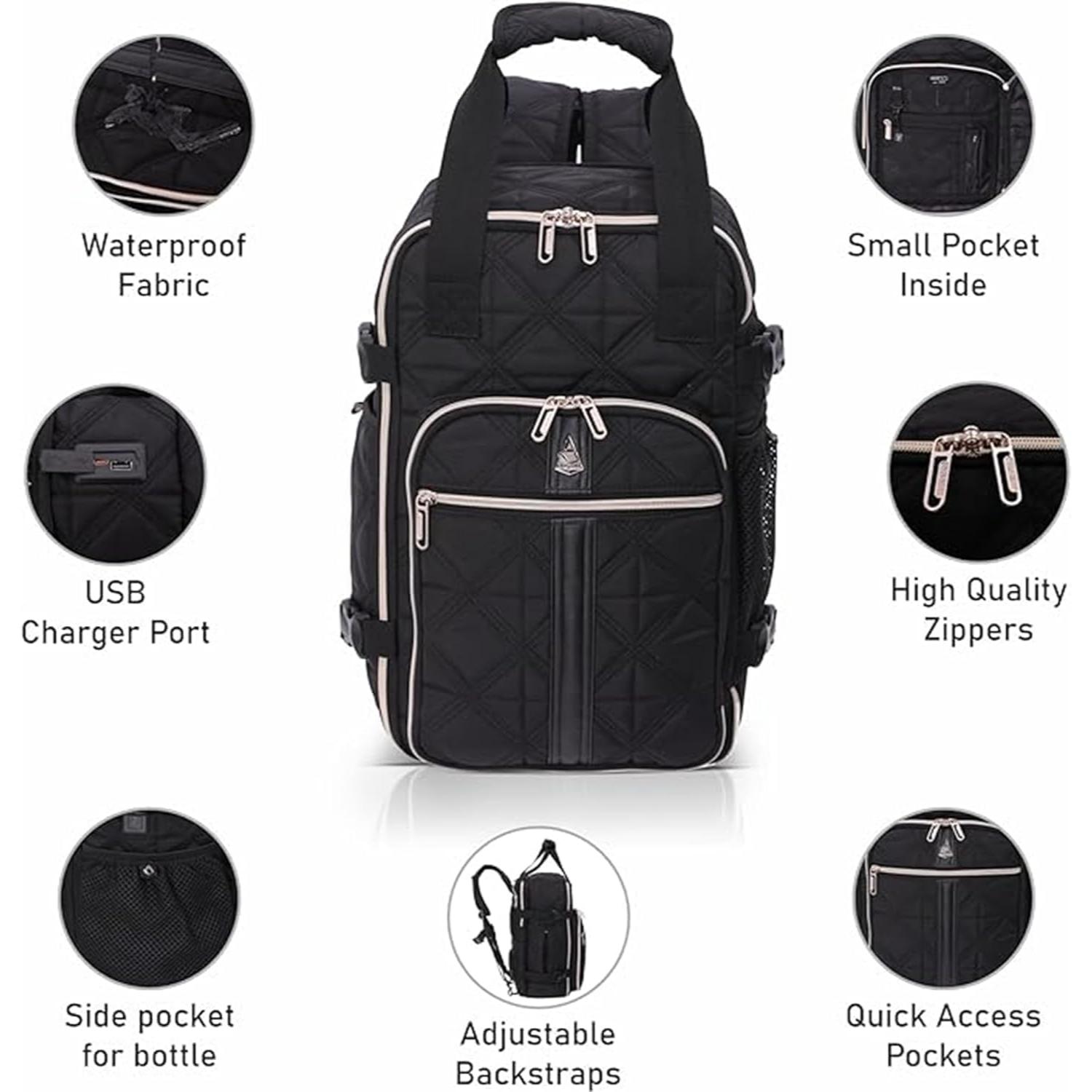 Aerolite black backpack with waterproof fabric, USB charging port, RFID protection, adjustable backstraps, and side bottle pocket for travel essentials.