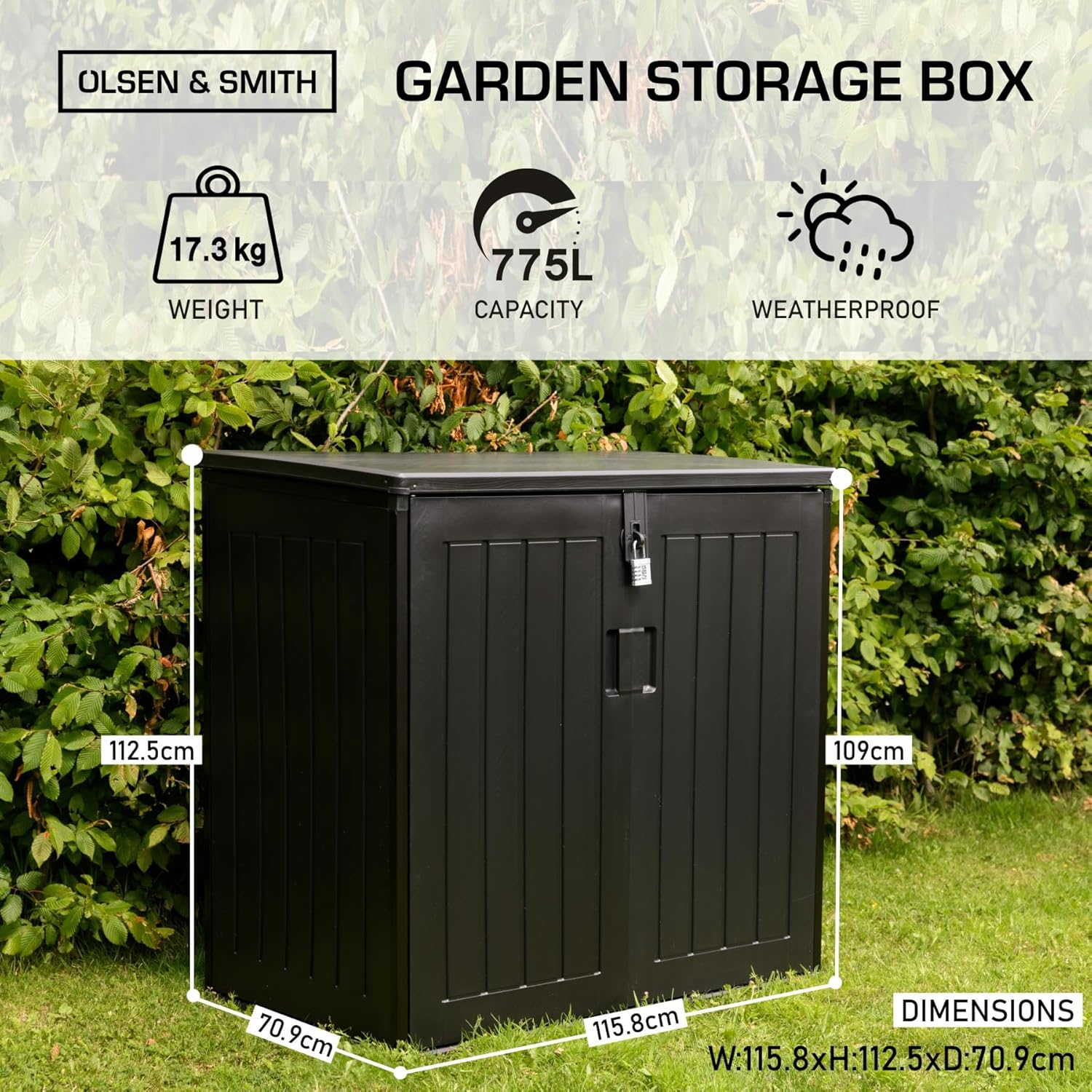 Olsen & Smith MASSIVE Capacity 775L Outdoor Garden Storage Box Plastic Shed Garbage - Weatherproof with Wood Effect