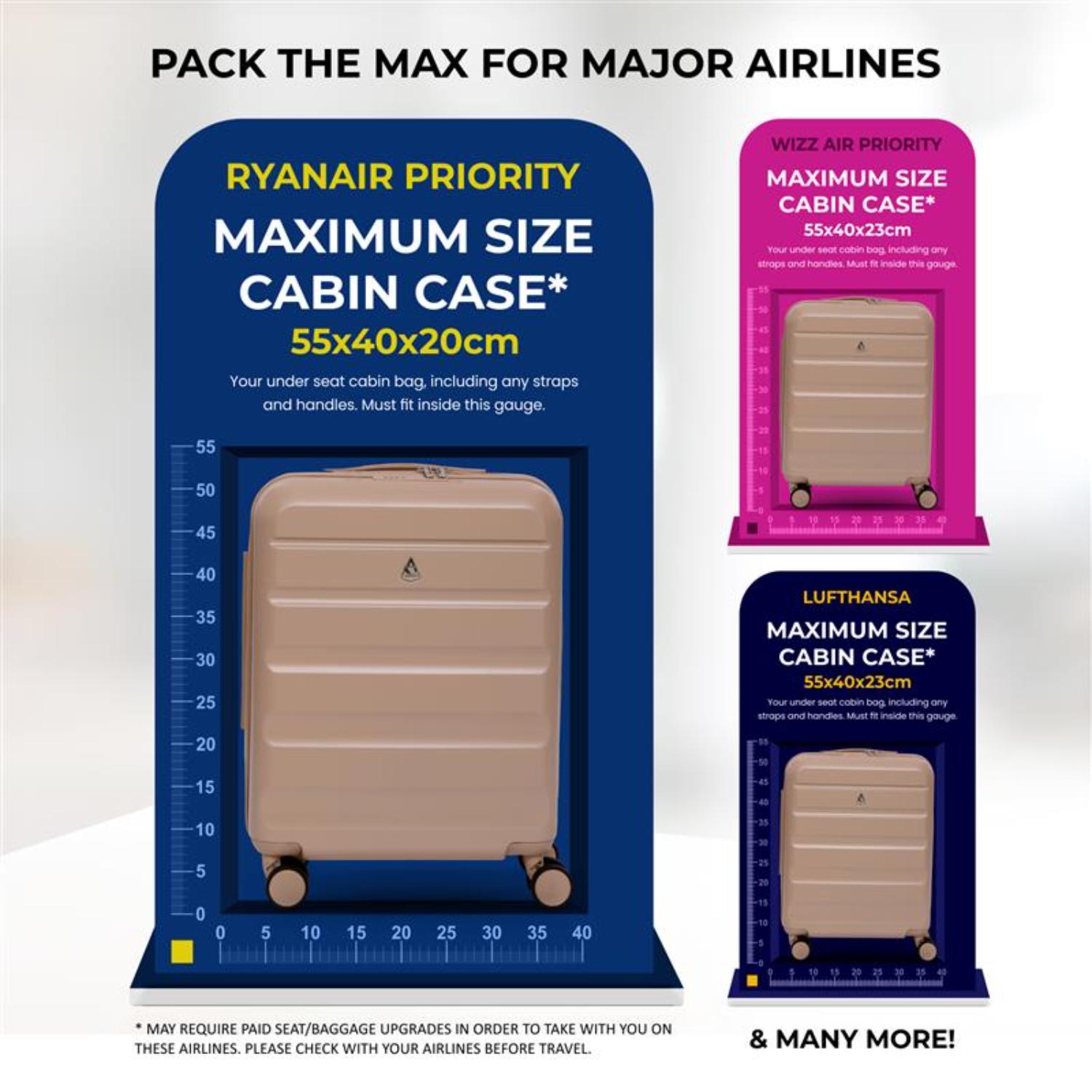 Aerolite Expandable 55x40x20cm to 55x40x23cm Ryanair Priority, Wizz Air Priority, Lufthansa Max Size Lightweight Hard Shell Carry On Hand Cabin Luggage Suitcase with 4 dual spinner wheels (BEIGE)