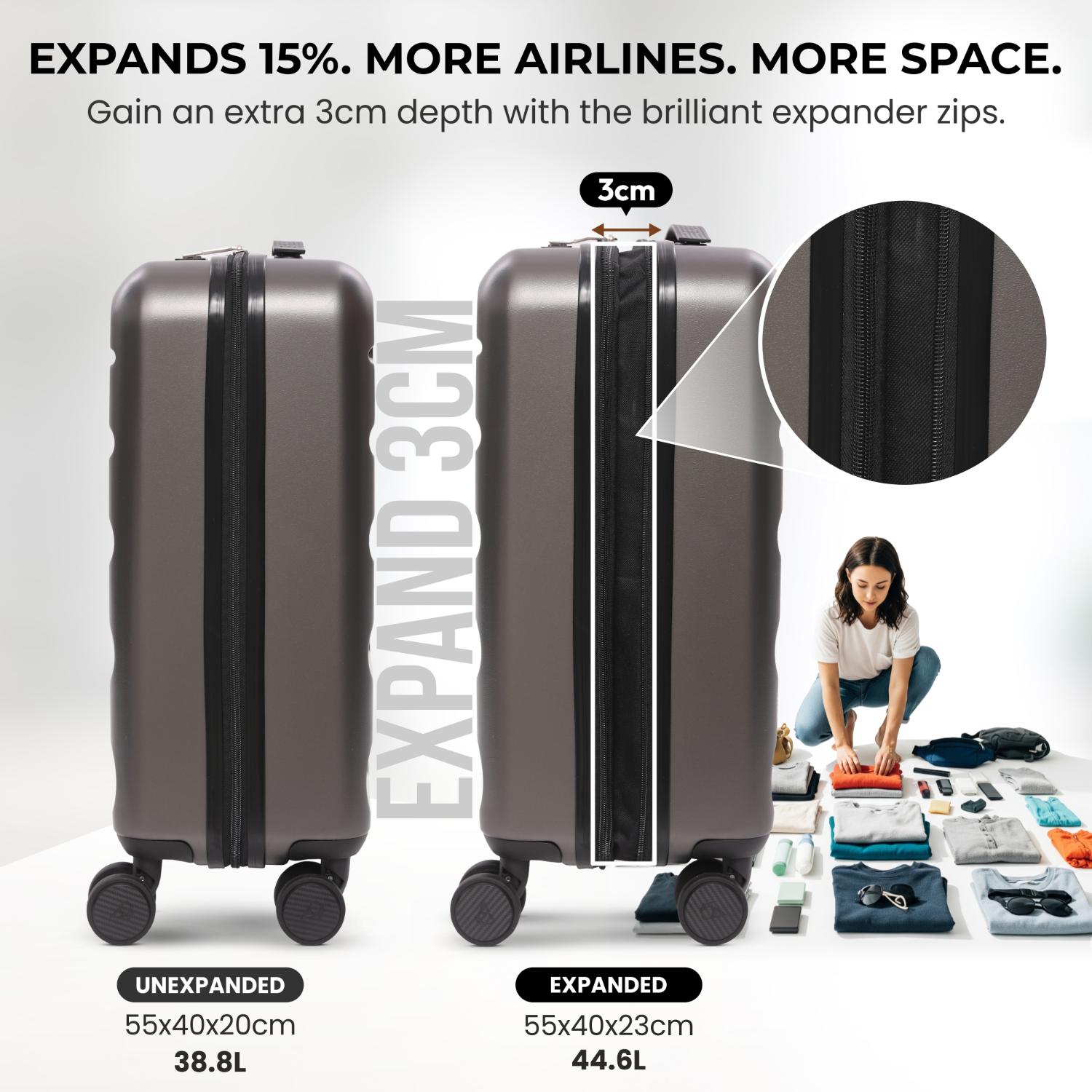 Aerolite Expandable 55x40x20cm to 55x40x23cm Ryanair Priority, Wizz Air Priority, Lufthansa Max Size Lightweight Hard Shell Carry On Hand Cabin Luggage Suitcase with 4 dual spinner wheels (CHARCOAL)