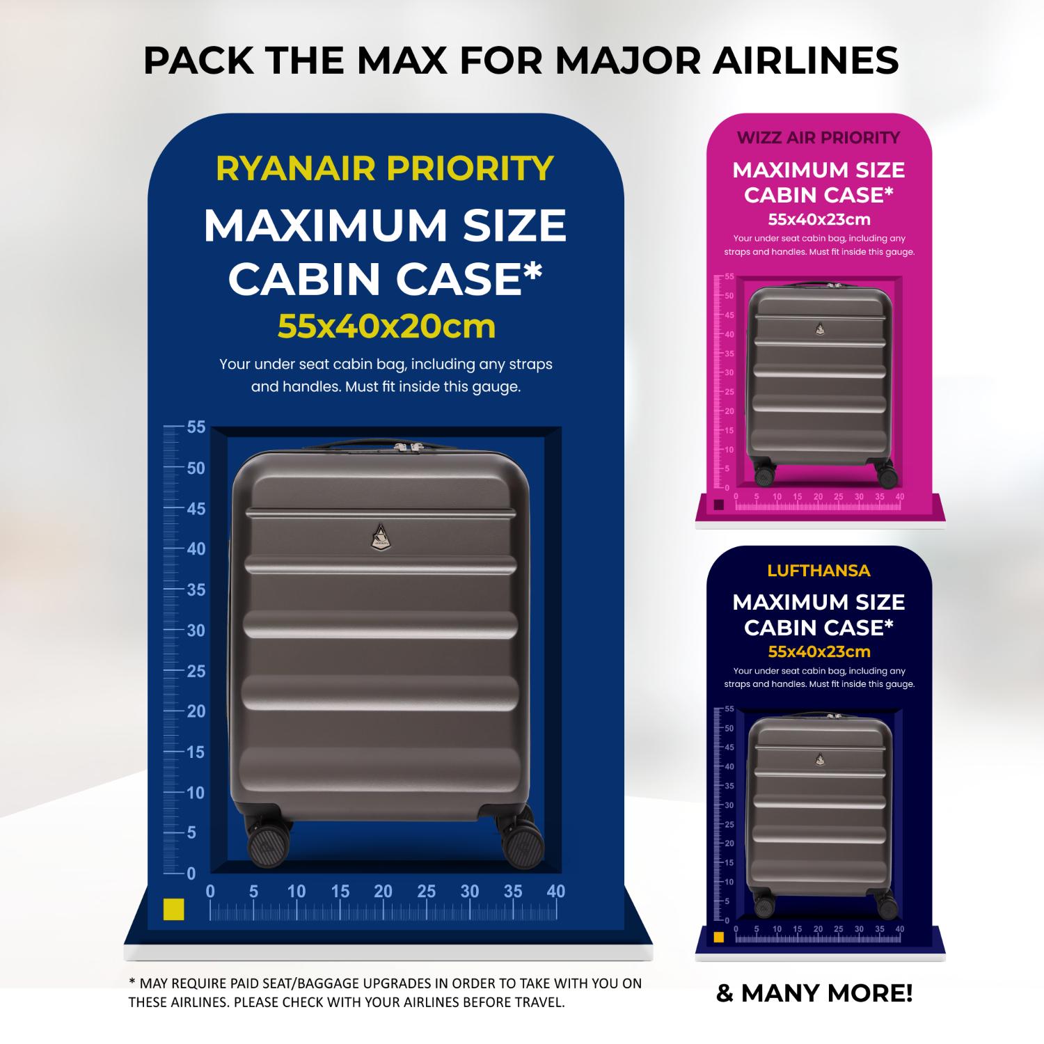 Aerolite Expandable 55x40x20cm to 55x40x23cm Ryanair Priority, Wizz Air Priority, Lufthansa Max Size Lightweight Hard Shell Carry On Hand Cabin Luggage Suitcase with 4 dual spinner wheels (CHARCOAL)