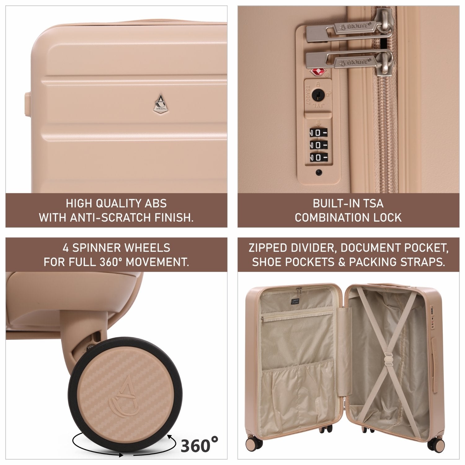 Aerolite 24” Medium 67L ABS Check-In Suitcase – Lightweight Hard Shell Luggage with 4 dual Spinner Wheels, TSA Lock & Organised Interior – Beige