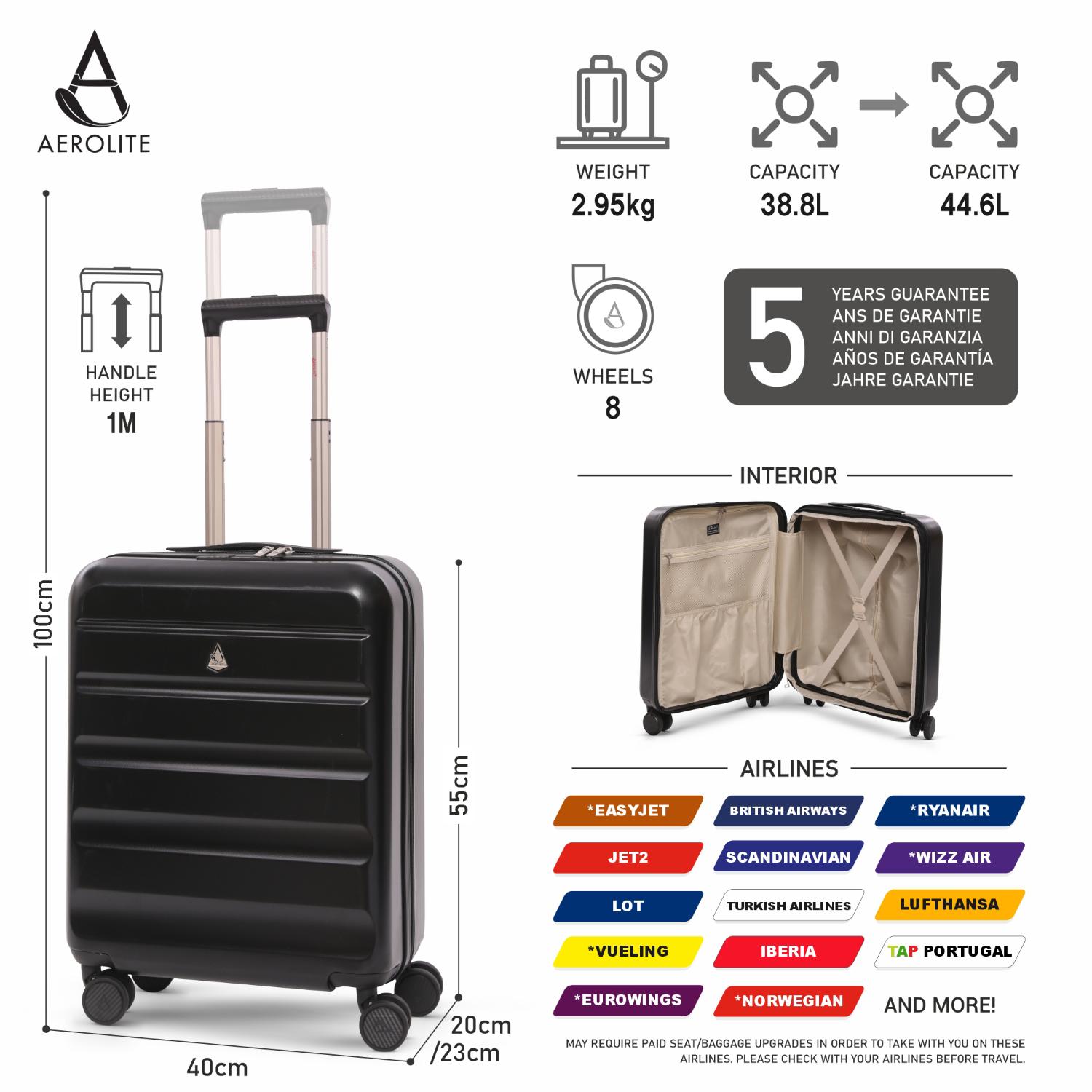 Aerolite Expandable 55x40x20cm to 55x40x23cm Ryanair Priority, Wizz Air Priority, Lufthansa Max Size Lightweight Hard Shell Carry On Hand Cabin Luggage Suitcase with 4 dual spinner wheels (BLACK)