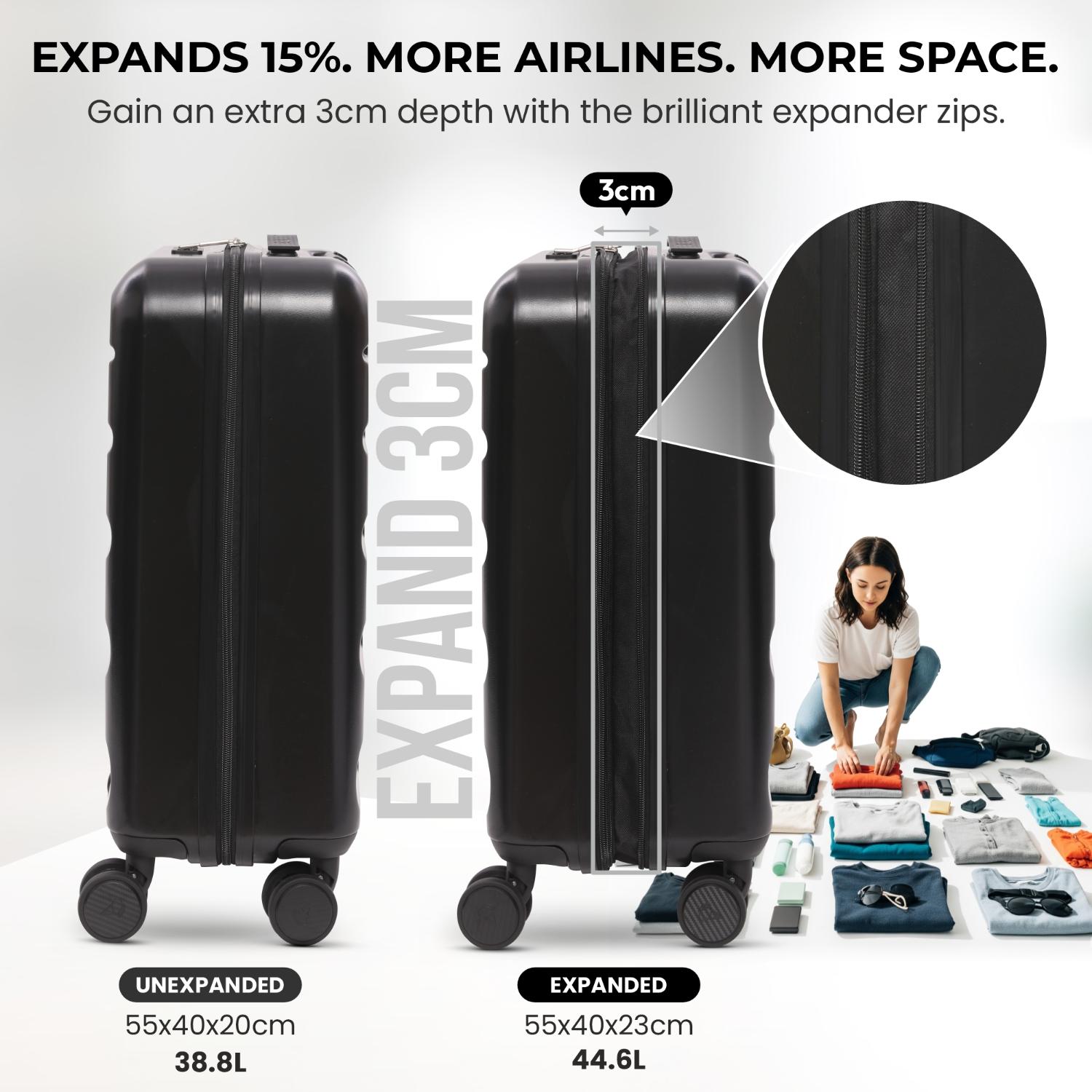 Aerolite Expandable 55x40x20cm to 55x40x23cm Ryanair Priority, Wizz Air Priority, Lufthansa Max Size Lightweight Hard Shell Carry On Hand Cabin Luggage Suitcase with 4 dual spinner wheels (BLACK)