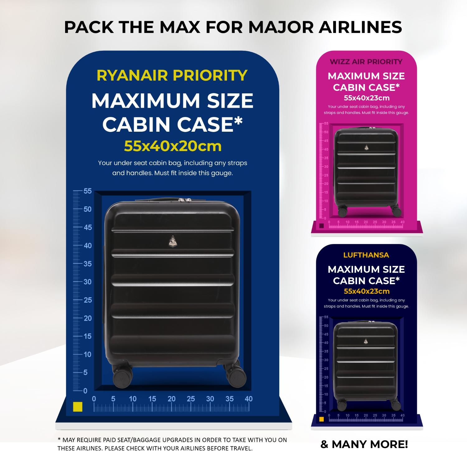 Aerolite Expandable 55x40x20cm to 55x40x23cm Ryanair Priority, Wizz Air Priority, Lufthansa Max Size Lightweight Hard Shell Carry On Hand Cabin Luggage Suitcase with 4 dual spinner wheels (BLACK)