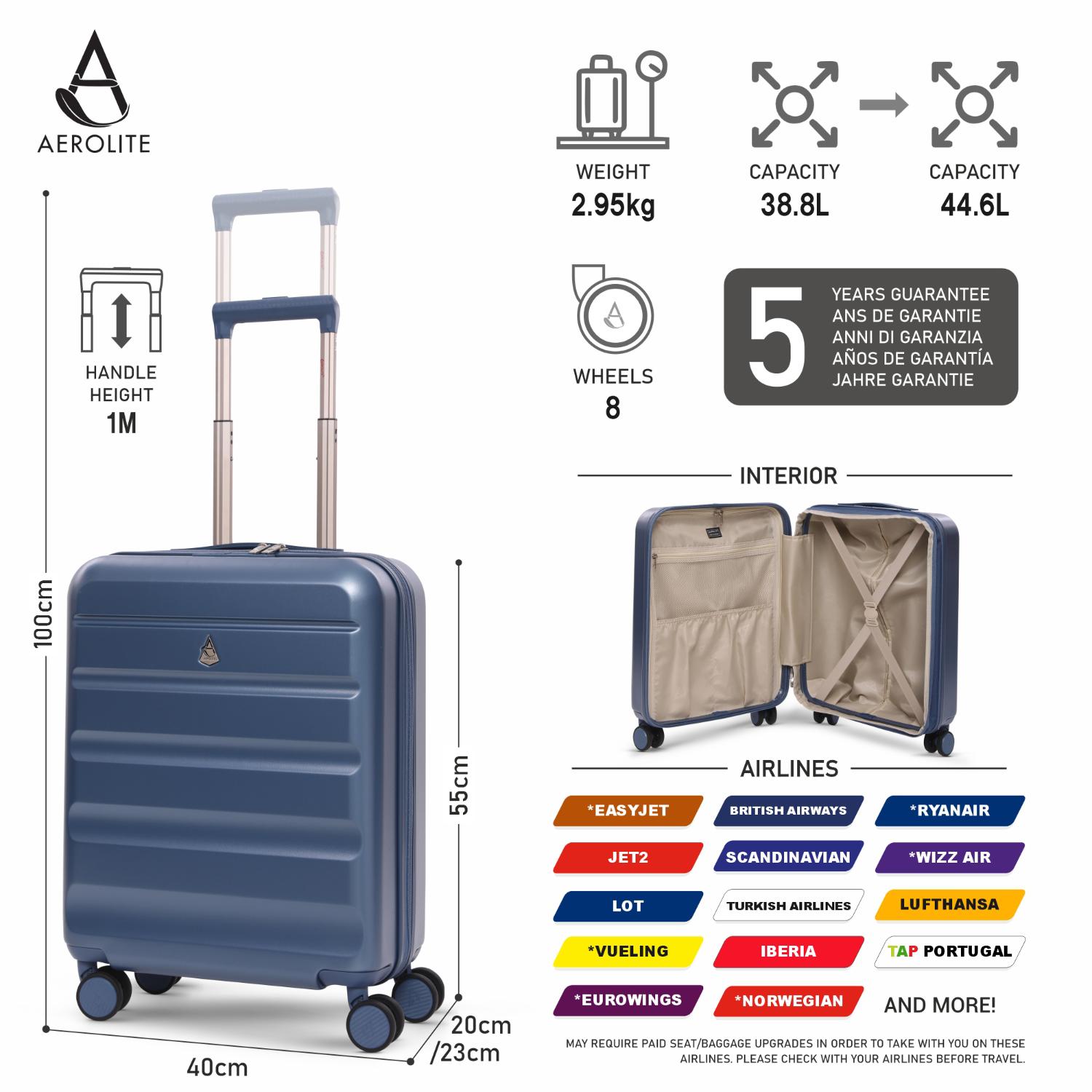 Aerolite Expandable 55x40x20cm to 55x40x23cm Ryanair Priority, Wizz Air Priority, Lufthansa Max Size Lightweight Hard Shell Carry On Hand Cabin Luggage Suitcase with 4 dual spinner wheels (BLUE)