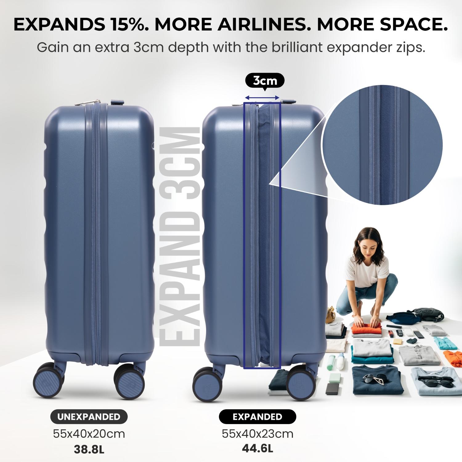 Aerolite Expandable 55x40x20cm to 55x40x23cm Ryanair Priority, Wizz Air Priority, Lufthansa Max Size Lightweight Hard Shell Carry On Hand Cabin Luggage Suitcase with 4 dual spinner wheels (BLUE)