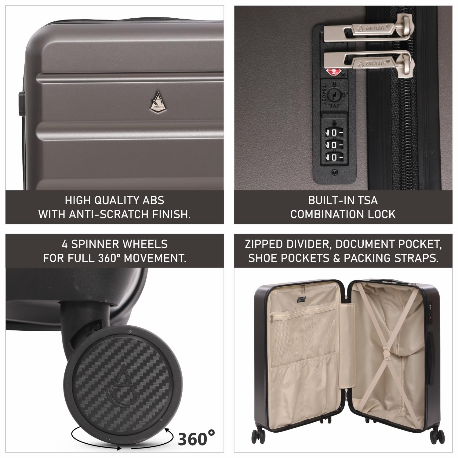 Aerolite 24” Medium 67L ABS Check-In Suitcase – Lightweight Hard Shell Luggage with 4 dual Spinner Wheels, TSA Lock & Organised Interior – Charcoal
