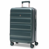 Green suitcase with wheels on a white background