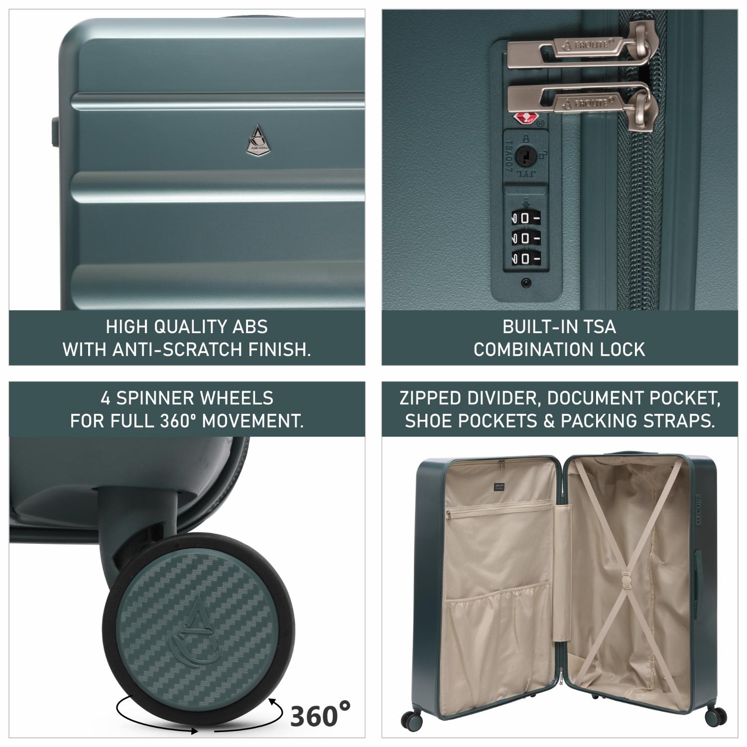 Aerolite 4-Piece ABS Lightweight Luggage Set – Expandable Cabin, Medium, Large & XL Hard Shell Suitcases with Spinner Wheels & TSA Lock – Forest Green