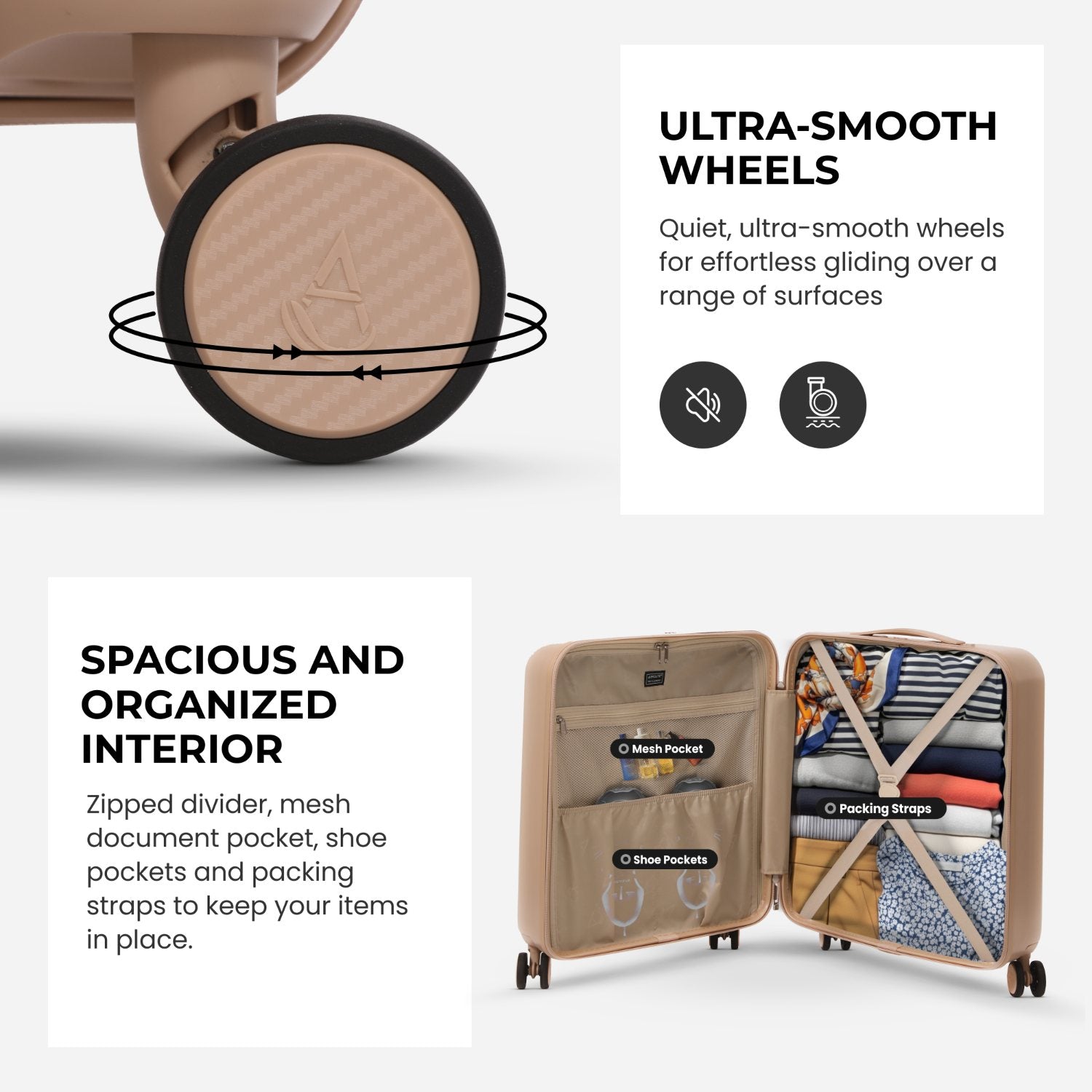Aerolite 56x45x25cm Large Cabin Bag – Easyjet Large Cabin/Plus/Flexi, British Airways & Jet2 Maximum Cabin Luggage Size, Lightweight Hard Shell Suitcase with 8 Spinner Wheels, TSA Lock, 56L Capacity, 5-Year Warranty, Beige