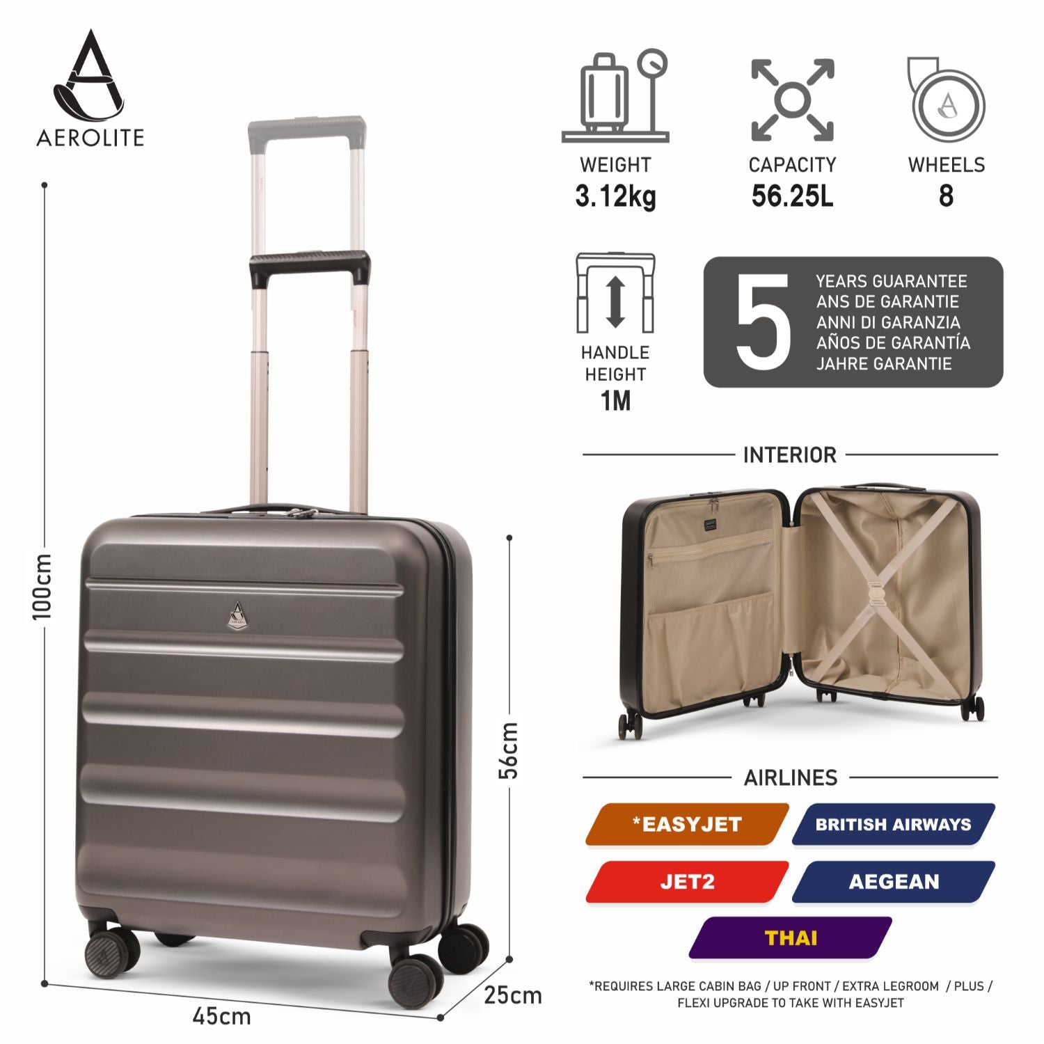 Aerolite 56x45x25cm Large Cabin Bag – Easyjet Large Cabin/Plus/Flexi, British Airways & Jet2 Maximum Cabin Luggage Size, Lightweight Hard Shell Suitcase with 8 Spinner Wheels, TSA Lock, 56L Capacity, 5-Year Warranty, Charcoal