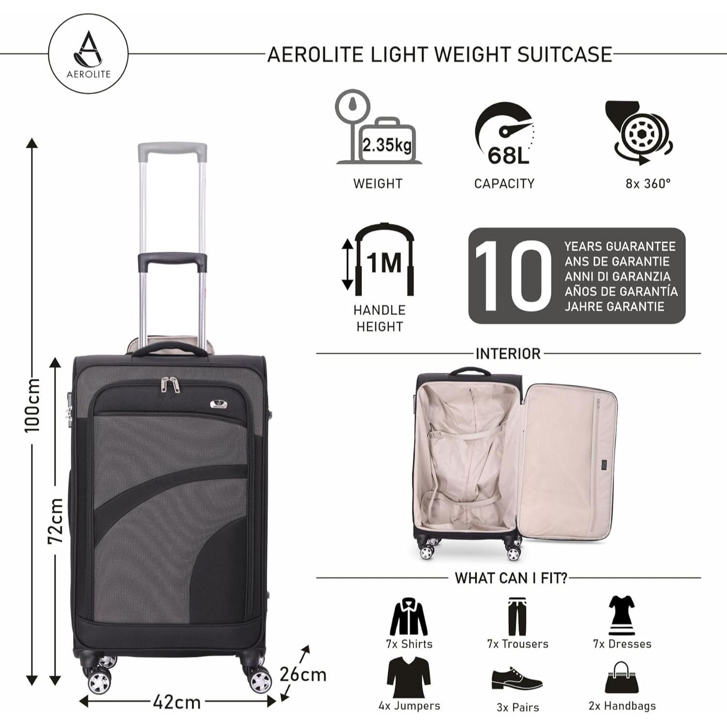 Aerolite Lightweight Soft Shell Complete Luggage Set (Cabin + Medium + Large Hold Luggage Suitcase) | 4 Dual Spinner Wheels