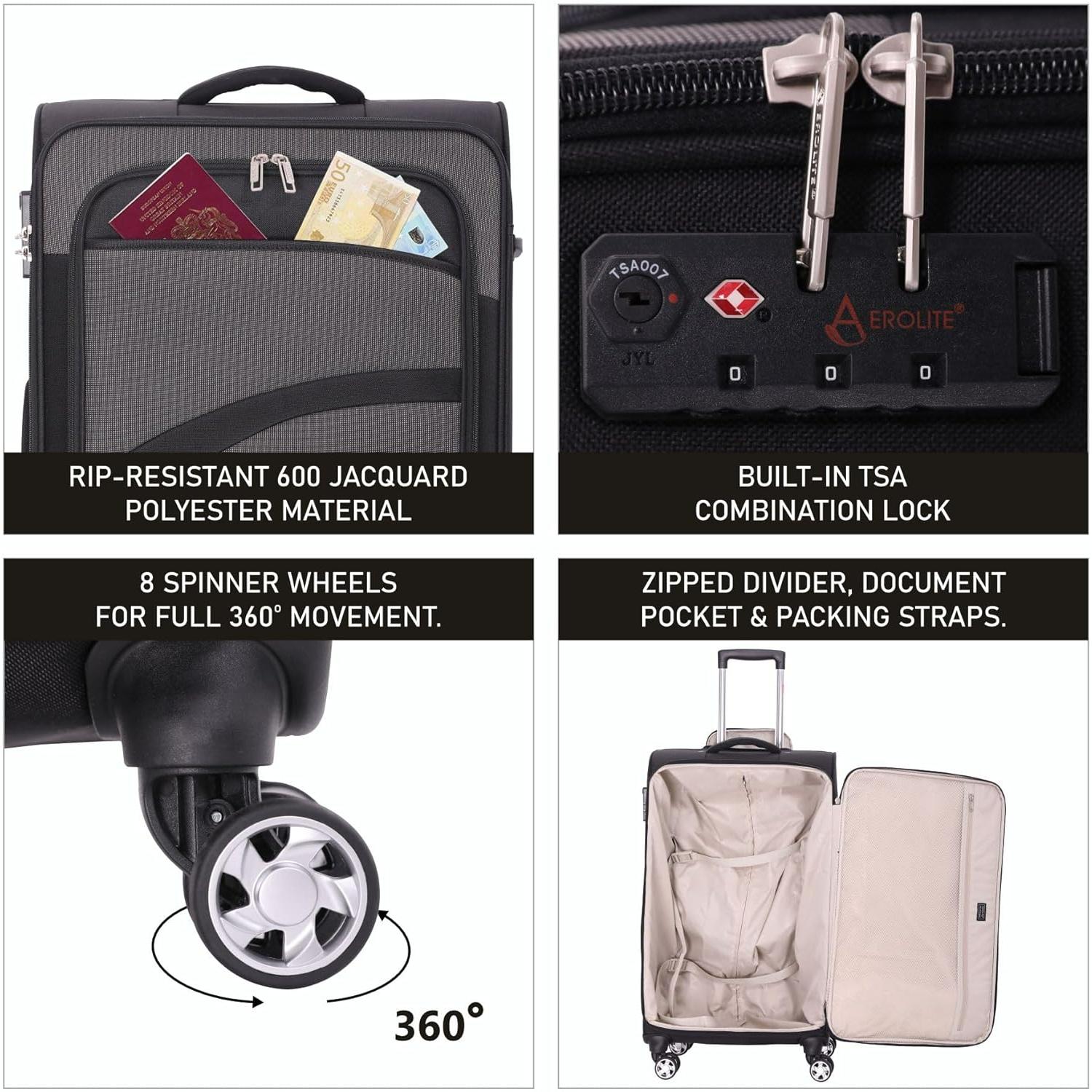 Aerolite Lightweight Soft Shell Complete Luggage Set (Cabin + Medium + Large Hold Luggage Suitcase) | 4 Dual Spinner Wheels