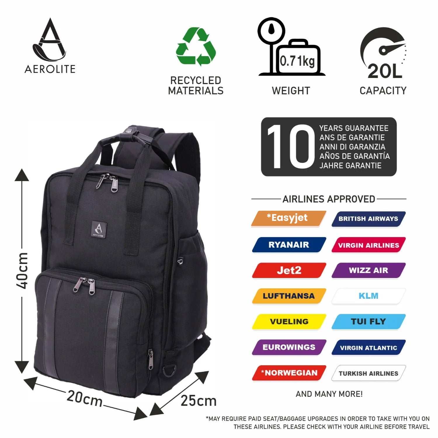 Aerolite 40x20x25cm Approved for Ryanair Premium Eco-Friendly Backpack With Removable Small Carry Pouch, Shower-Resistant Cabin Rucksack with 10 Years Brand Warranty