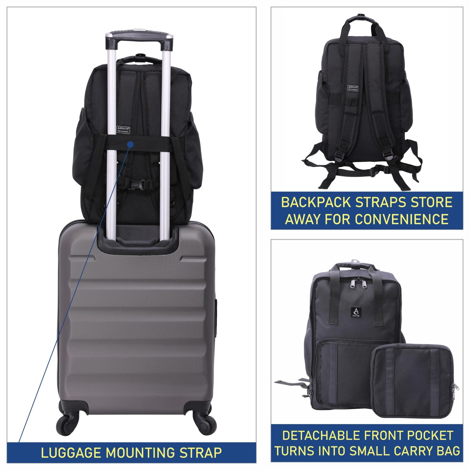 Aerolite 40x20x25 Ryanair Maximum Size Backpack With Removable Small Carry Pouch Eco-Friendly Shower-Resistant Cabin Luggage Approved Travel Carry On Holdall Flight Rucksack with 10 Year Warranty - Aerolite UK