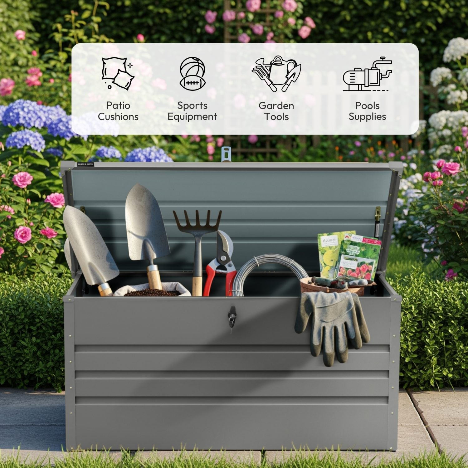 Olsen & Smith 400L Large Metal Garden Storage Box – Heavy-Duty Outdoor Storage Chest with Lock, Weather-Resistant Steel Design for Tools, Cushions, Toys & Patio Accessories – Grey