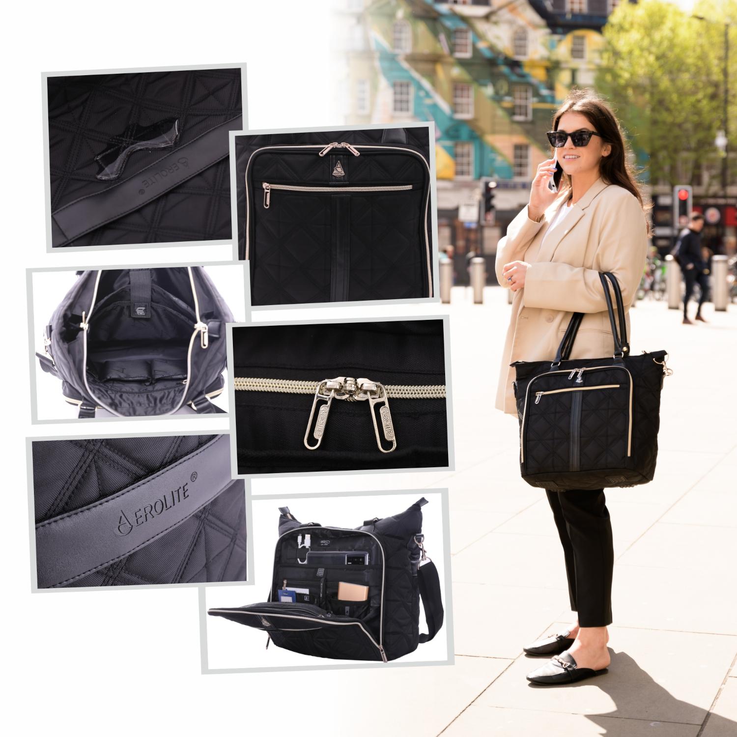 Aerolite 45x36x20cm easyJet Maximum Super Premium Quality Eco Friendly Laptop Bag - Fits up to 16.5", Overnight Hand Cabin Luggage Shoulder Bag Quilted with 10 Year Warranty (Black) - Aerolite UK