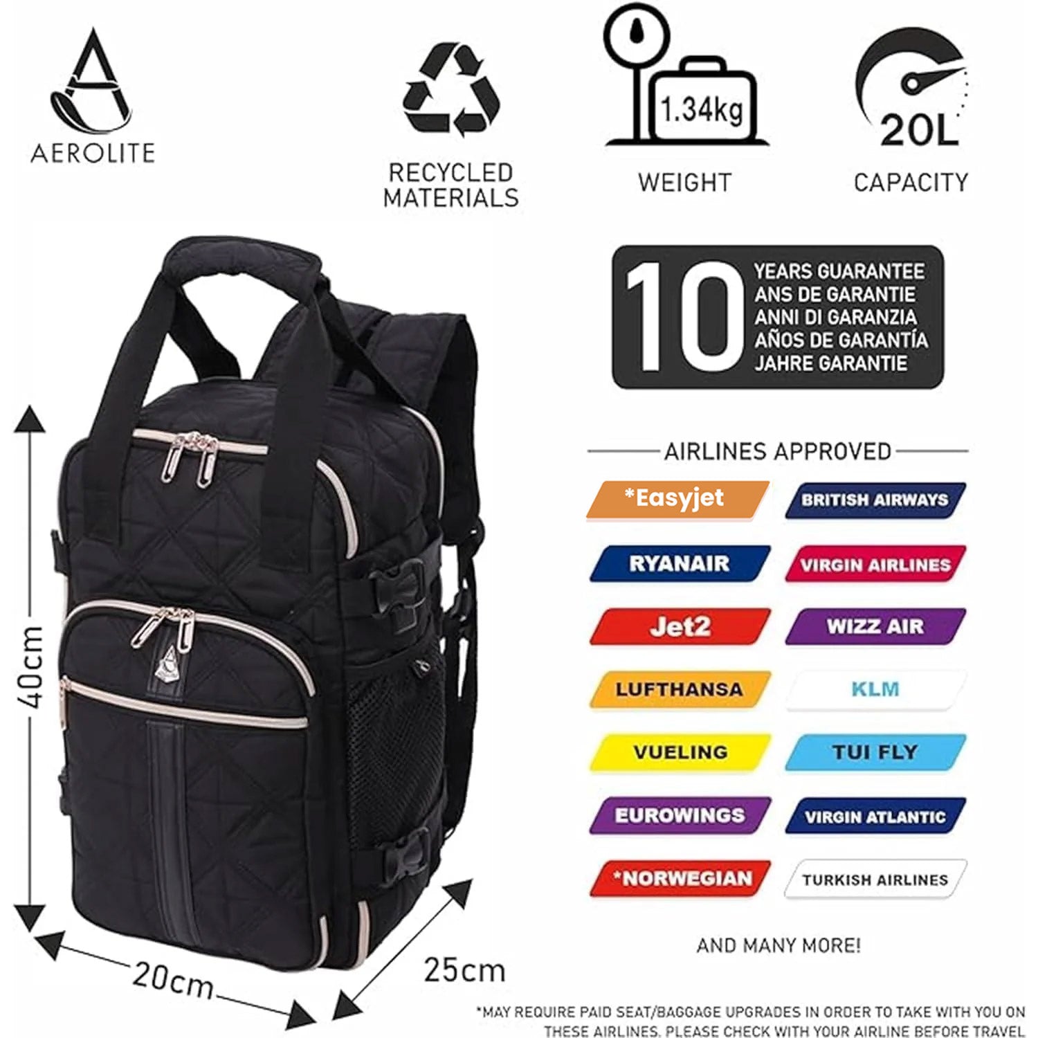Aerolite eco-friendly backpack with Ryanair-approved dimensions, 20L capacity, 1.34kg weight, and 10-year warranty, made from recycled materials.