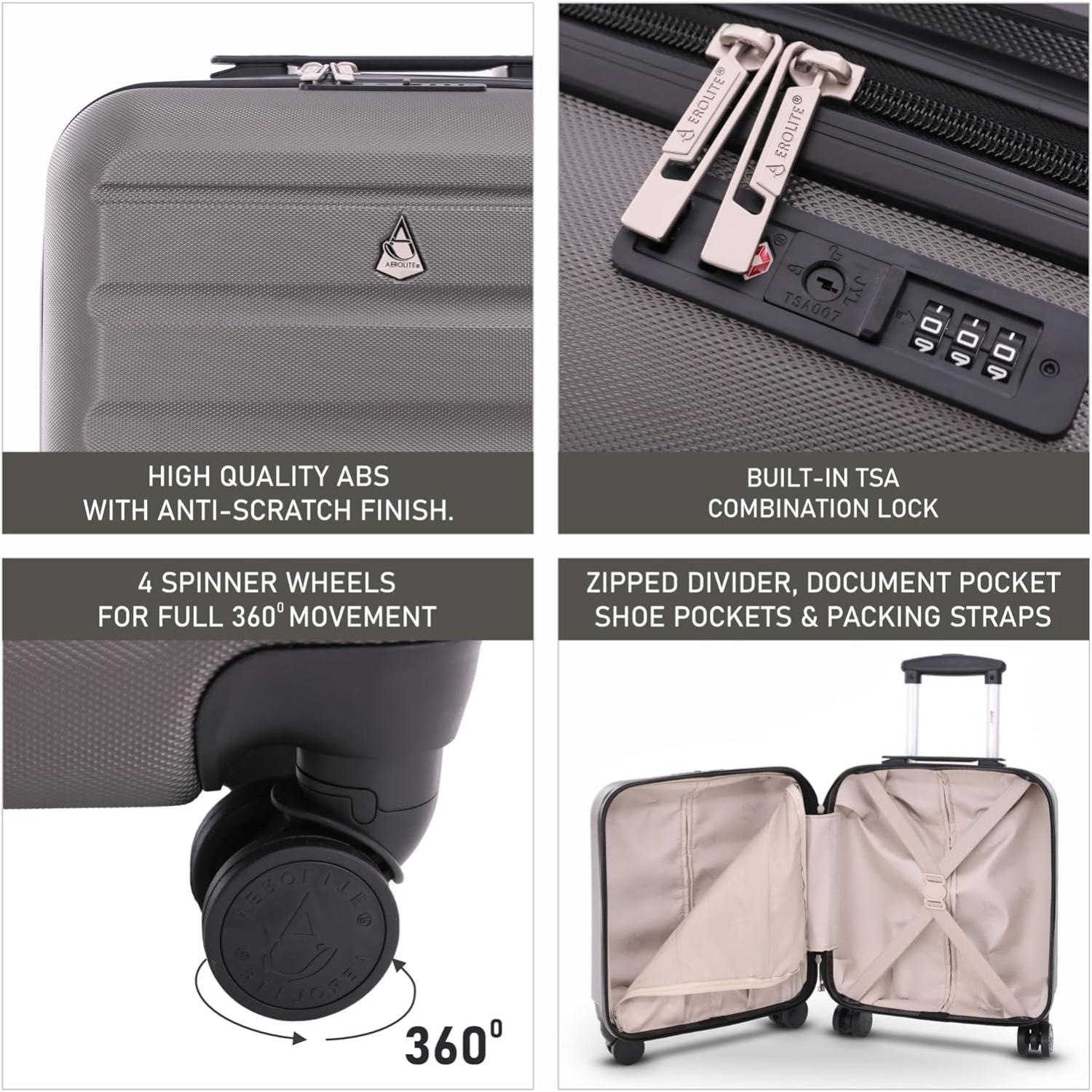 Aerolite (45x36x20cm) Easyjet Maximum Size Hard Shell Carry On Hand Cabin Luggage Underseat Flight Bag Suitcase 45x36x20 with 4 Dual Spinner Wheels