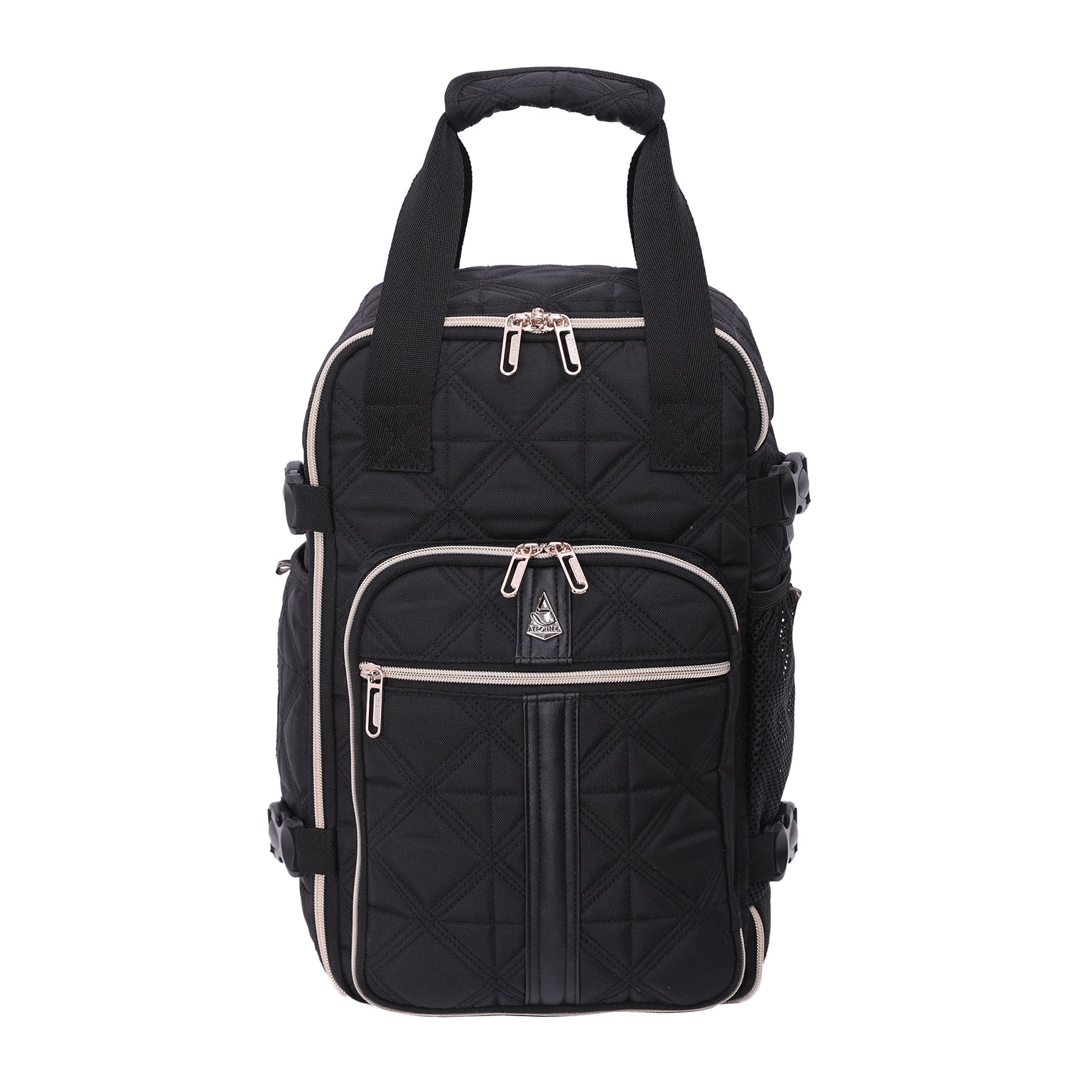 Front view of Aerolite quilted black backpack with multiple zipped compartments, designed for Ryanair cabin use and eco-friendly travel.