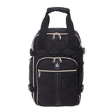 Front view of Aerolite quilted black backpack with multiple zipped compartments, designed for Ryanair cabin use and eco-friendly travel.