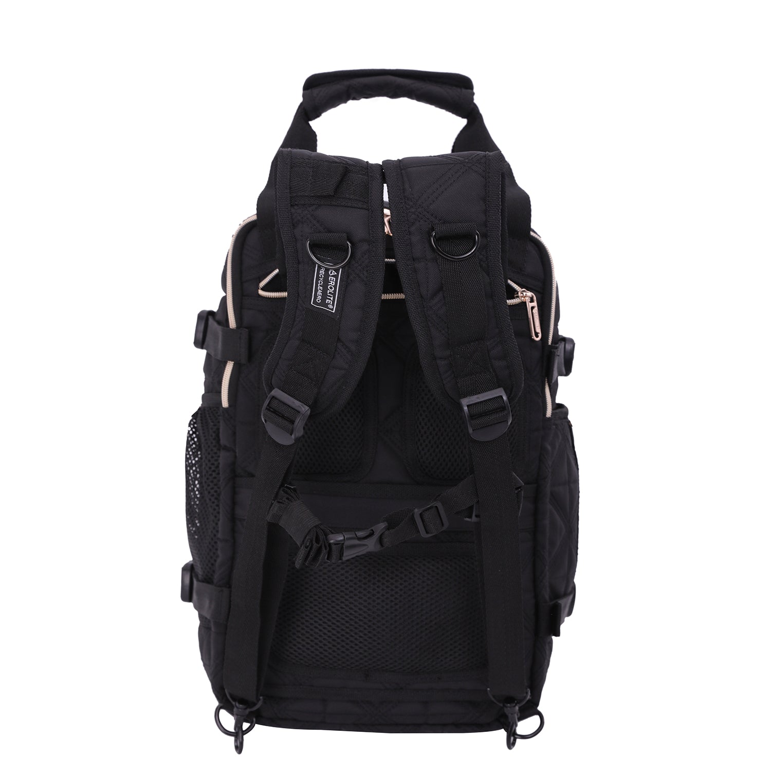 Back view of Aerolite backpack with padded adjustable straps and breathable mesh back panel for enhanced comfort during travel.