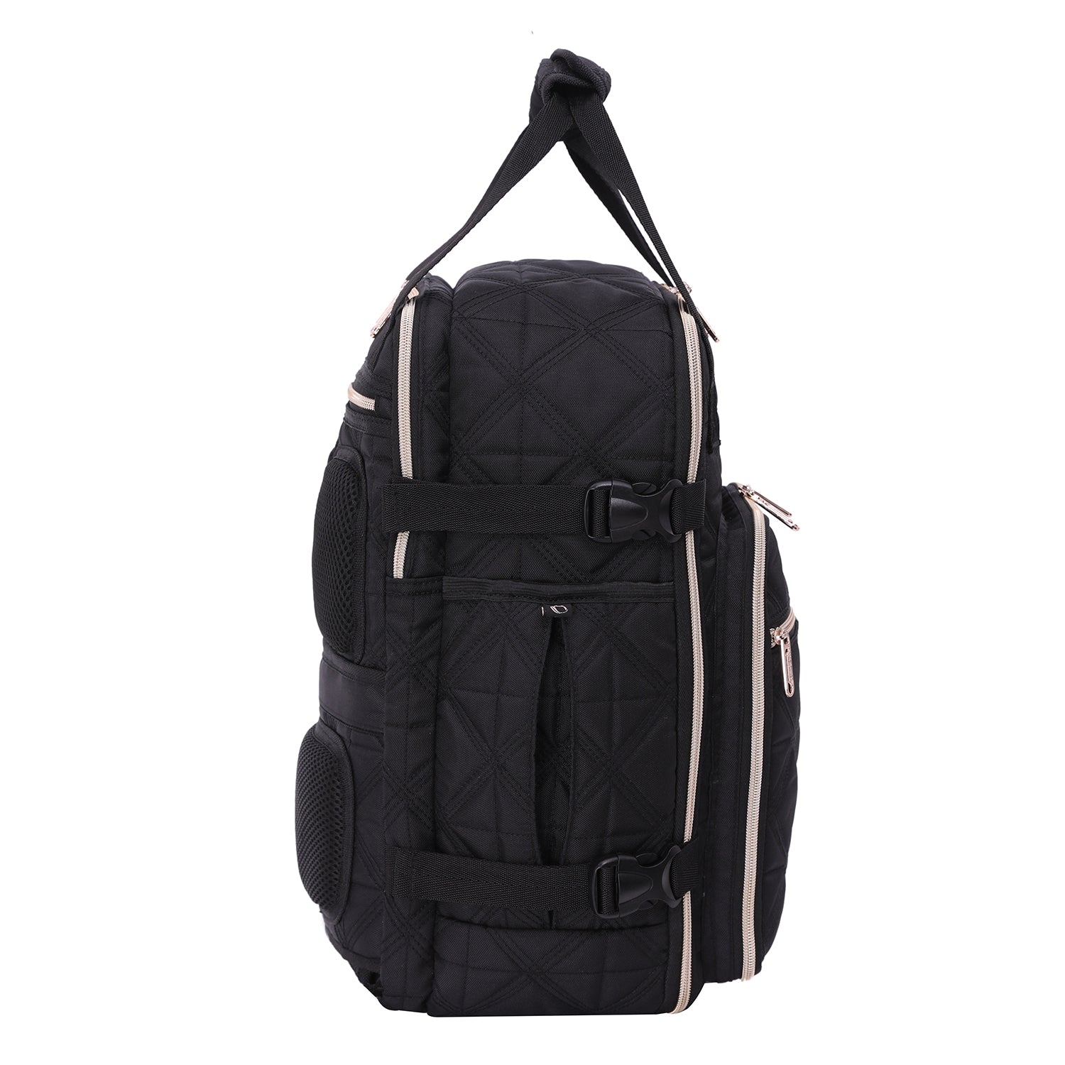 Side profile of Aerolite backpack showing its compact 40x20x25cm dimensions, side straps, and mesh pocket for travel convenience.