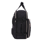 Side profile of Aerolite backpack showing its compact 40x20x25cm dimensions, side straps, and mesh pocket for travel convenience.