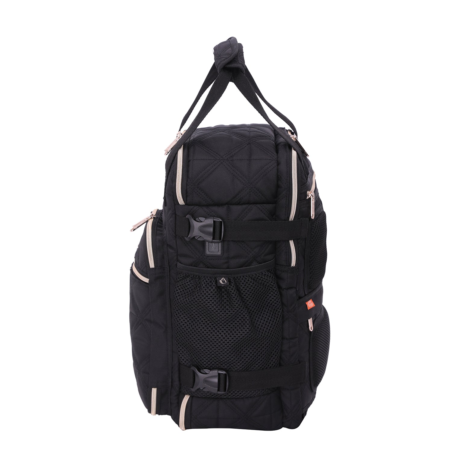 Aerolite backpack side view with adjustable straps and mesh side pocket, designed for carrying bottles and travel essentials securely.