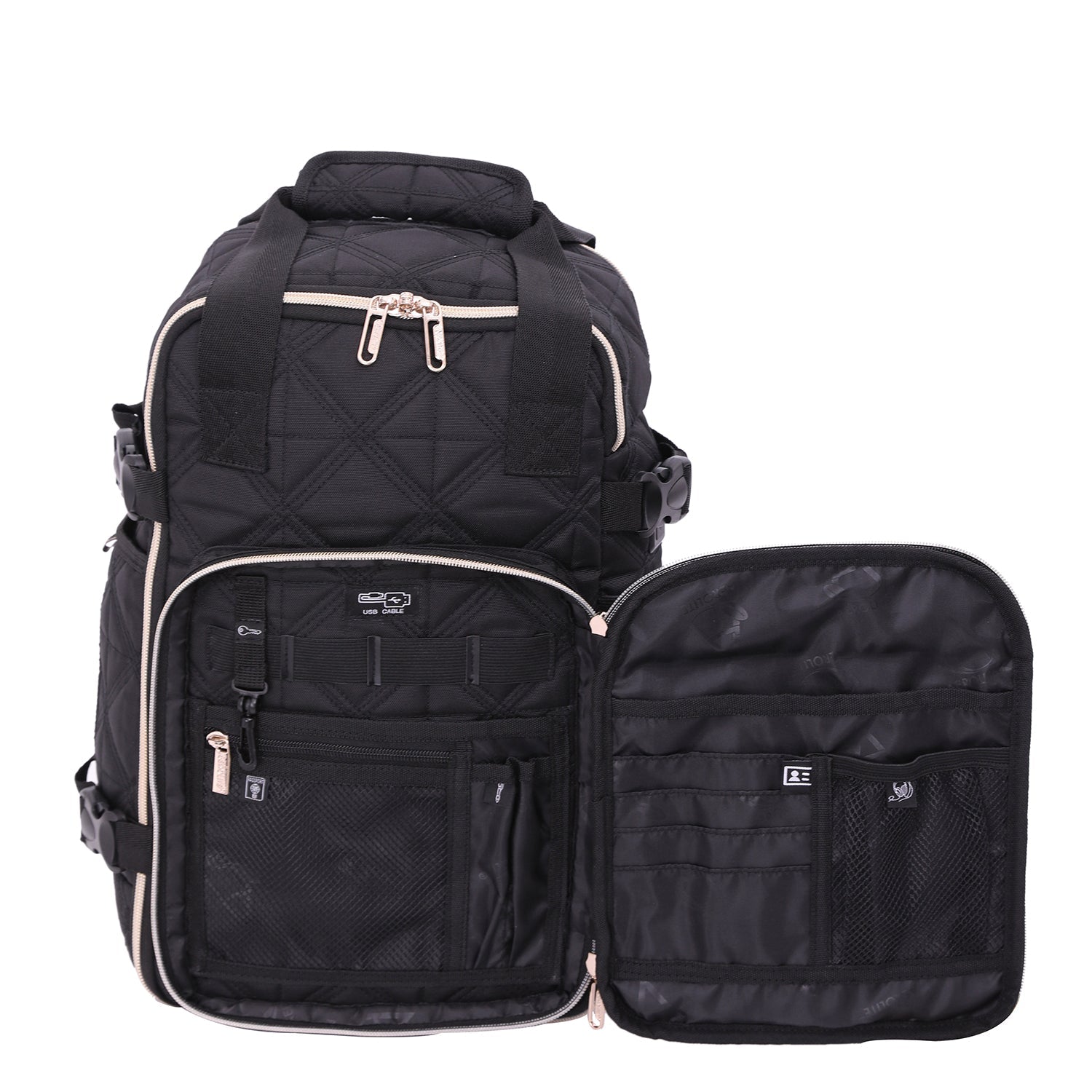 Aerolite backpack with open front compartment, revealing multiple organizer pockets for efficient storage of travel essentials and accessories.