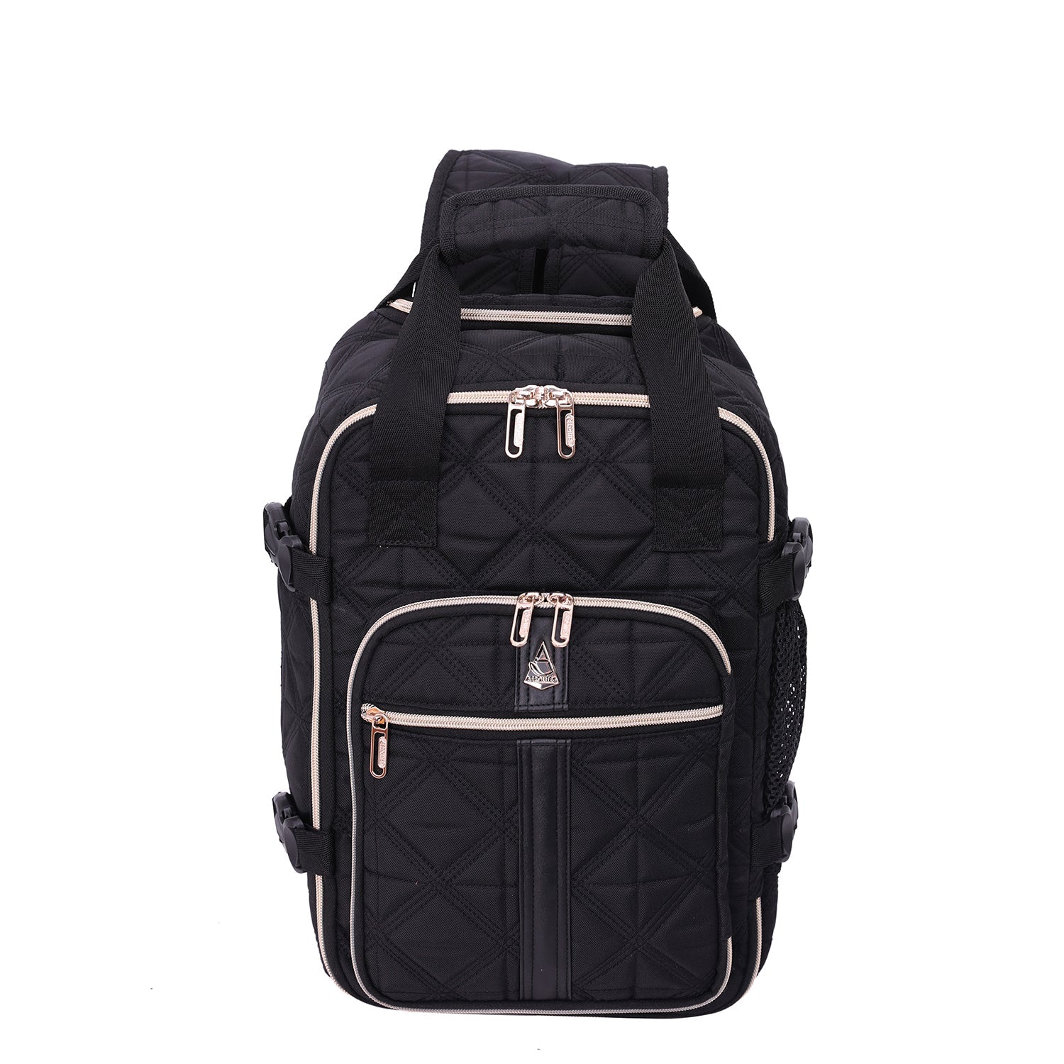 Aerolite 40x20x25cm Ryanair eco-friendly quilted backpack trolley bag in black with 2 wheels, extendable handle, and multiple compartments.