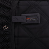 Close-up of the Aerolite 40x20x25cm Ryanair Maximum Eco-Friendly Backpack Trolley Bag showing a built-in USB charging port on a quilted black fabric design.