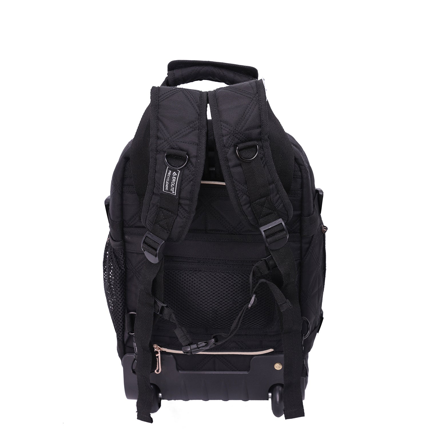 Aerolite 40x20x25cm Ryanair eco-friendly quilted backpack trolley bag in black, featuring adjustable padded straps, mesh back panel, and 2 wheels.