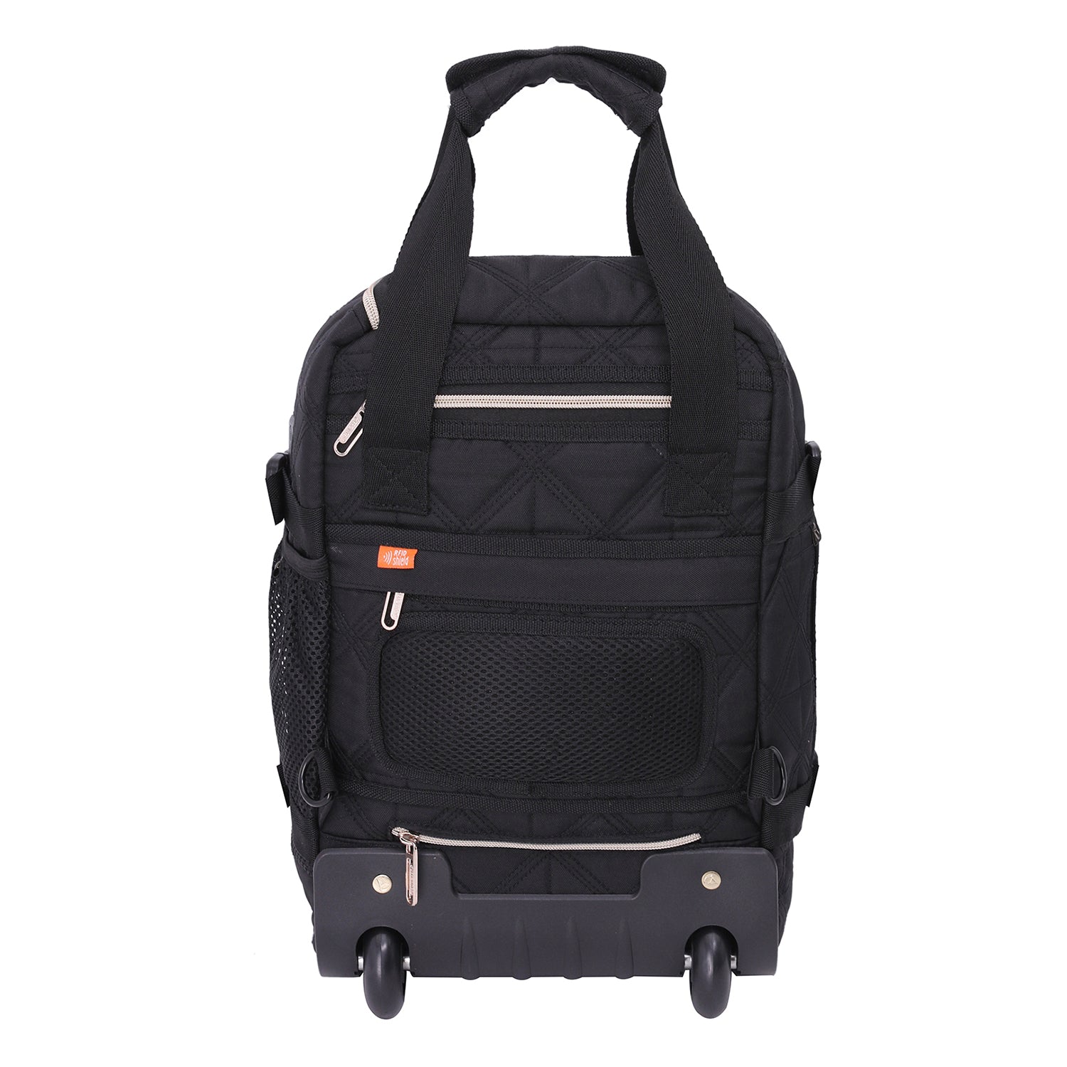 Aerolite 40x20x25cm Ryanair eco-friendly premium quilted backpack trolley bag in black with 2 wheels, extendable handle, and multiple compartments.