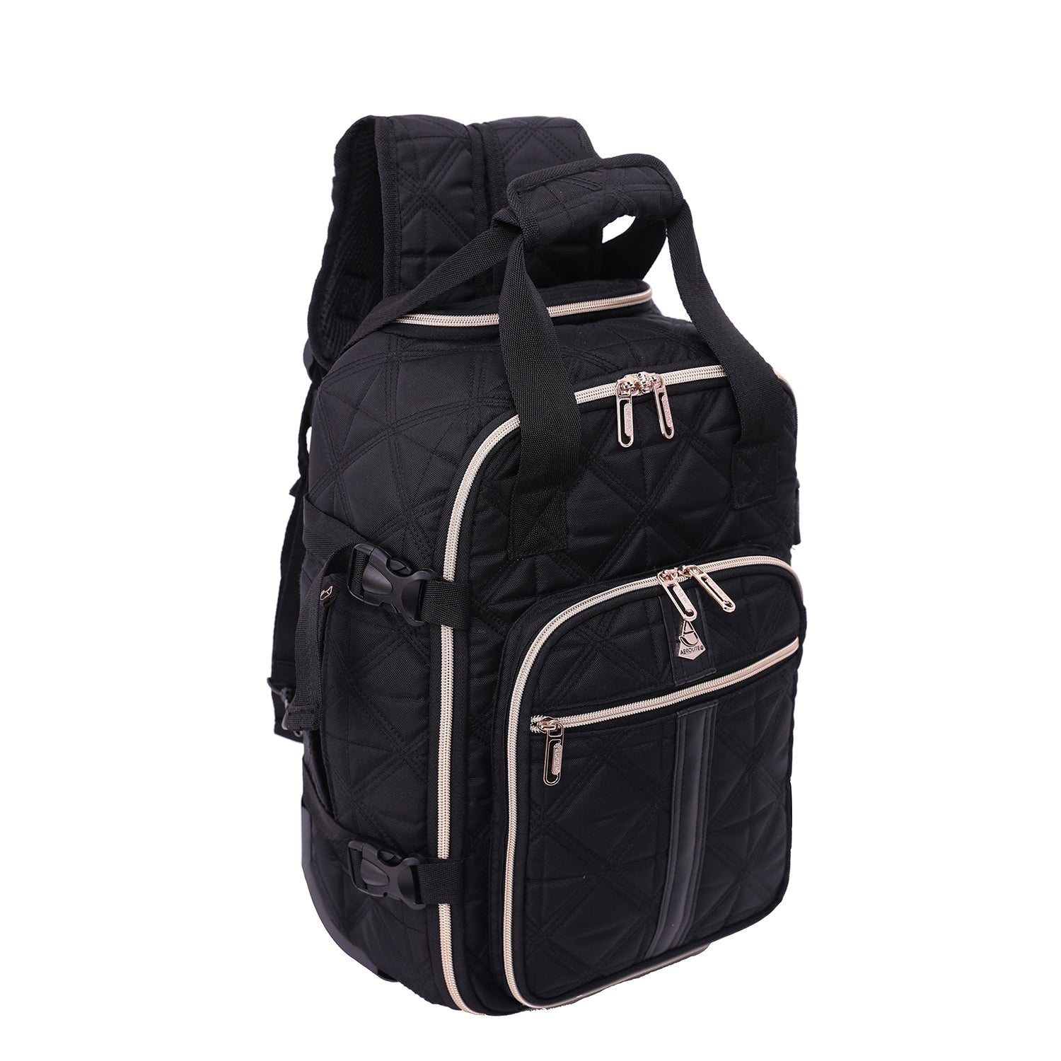 Aerolite 40x20x25cm Ryanair eco-friendly premium quilted backpack trolley bag in black with 2 wheels and extendable handle, ideal for cabin luggage.