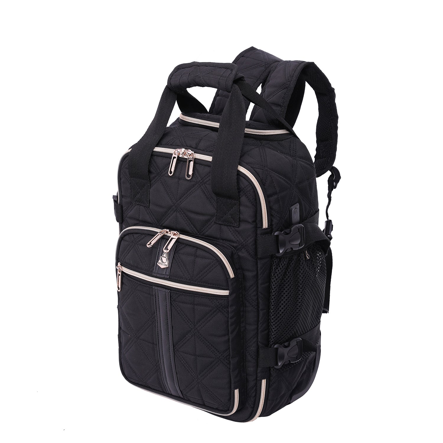 Aerolite 40x20x25cm Ryanair eco-friendly quilted backpack trolley bag in black with 2 wheels, extendable handle, and multiple compartments.