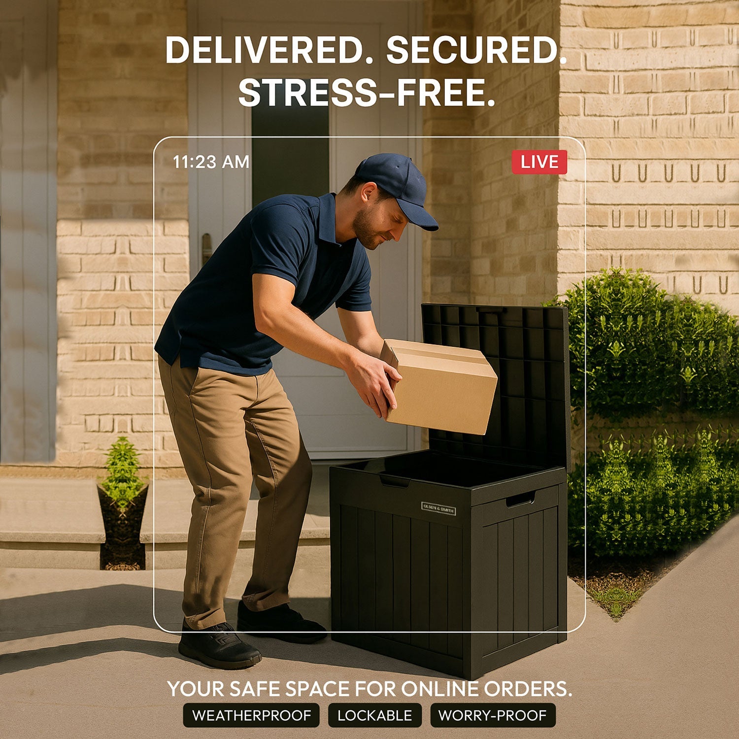 Olsen & Smith 126L Capacity Outdoor Garden Plastic Storage Box Small Balcony Furniture - Lockable with Padlock Lock, Weather Resistant, Wood Panel Look Shed Chest