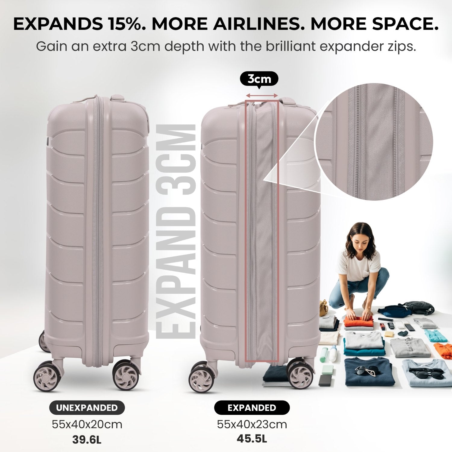 Aerolite Premium PP 2-Piece Luggage Set, Lightweight Polypropylene Hard Shell Suitcases with 4 Dual Spinner Wheels & TSA Lock, Expandable Cabin (21”), Large (28”), Expandable Carry-On Case Included – Cream