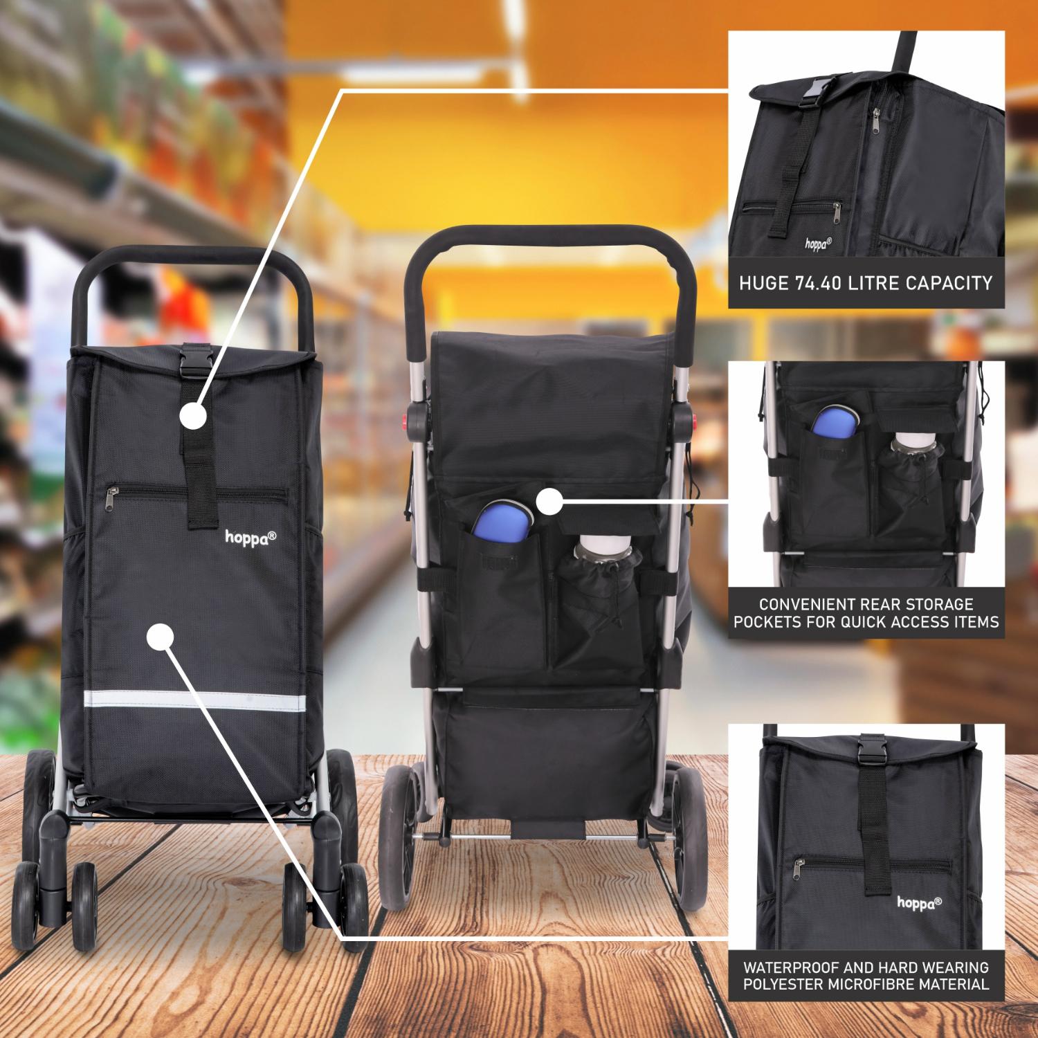 Hoppa 74L Expandable Lightweight Shopping Trolley 2025 model, Hard Wearing & Foldaway Push/Pull Cart for Easy Storage With 1 Year Guarantee