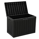 Olsen & Smith 170L Outdoor Garden Storage Box – Lockable Plastic Container Chest with Wood-Effect Panels, Weather-Resistant Patio Storage for Tools, Toys & Cushions – Black