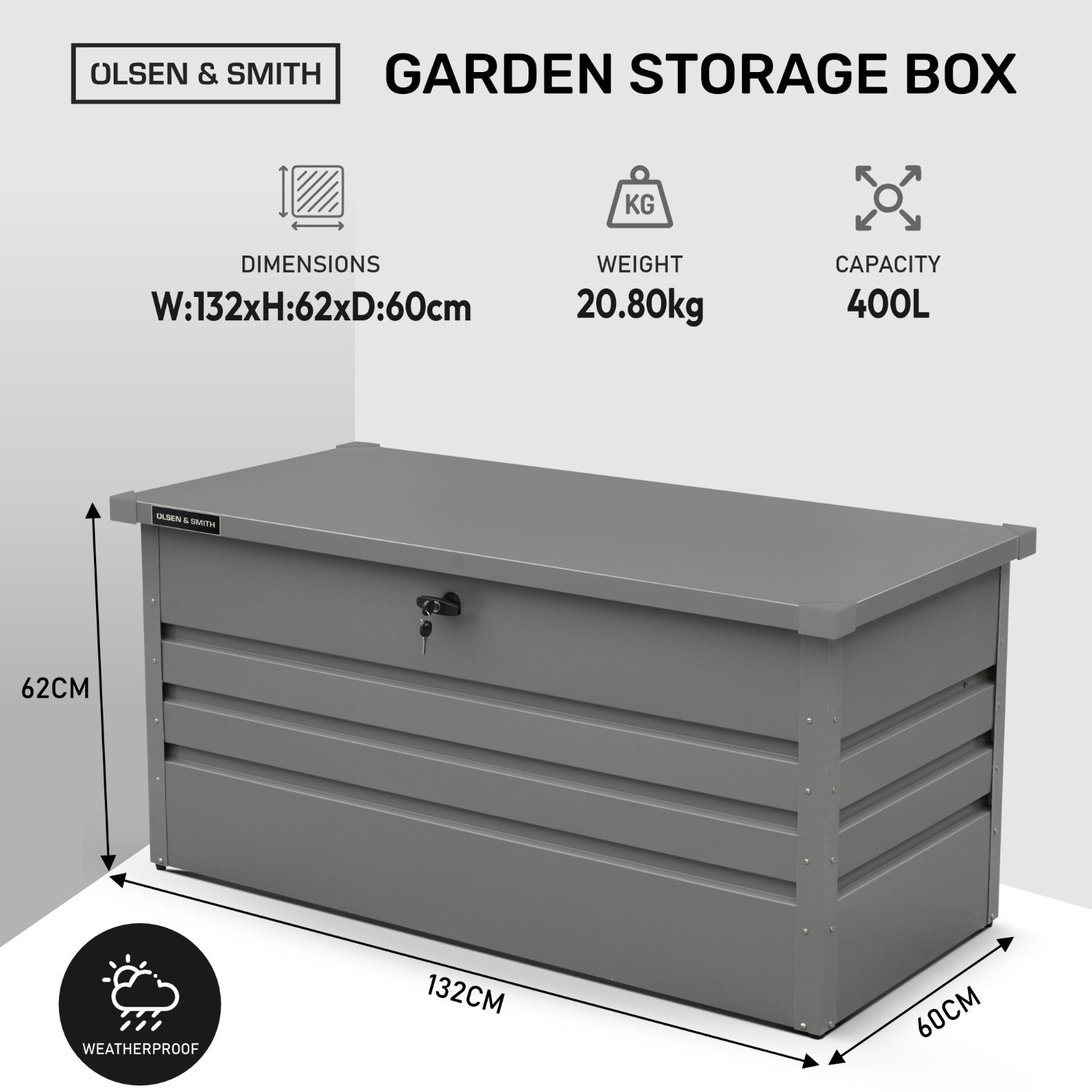 Olsen & Smith 400L Large Metal Garden Storage Box – Heavy-Duty Outdoor Storage Chest with Lock, Weather-Resistant Steel Design for Tools, Cushions, Toys & Patio Accessories – Grey