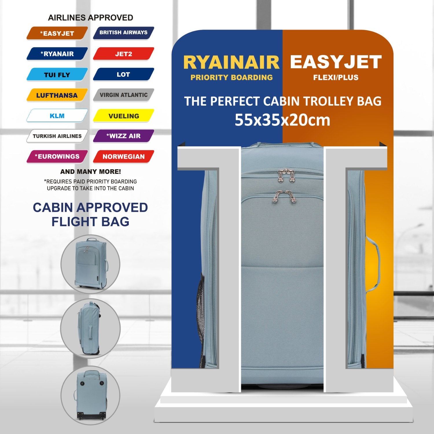 5 Cities (55x35x20cm) Lightweight Cabin Hand Luggage With a Retractable Telescopic Handle, Approved For Ryanair/easyJet/British Airways & more