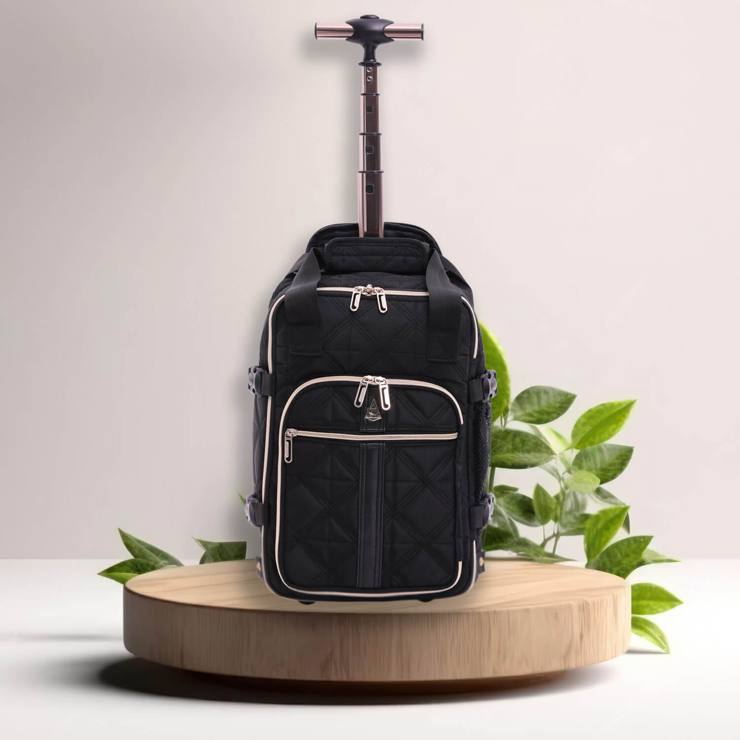 Aerolite 40x20x25cm Ryanair eco-friendly quilted backpack trolley bag with 2 wheels, extendable handle, and premium black design on a wooden platform.