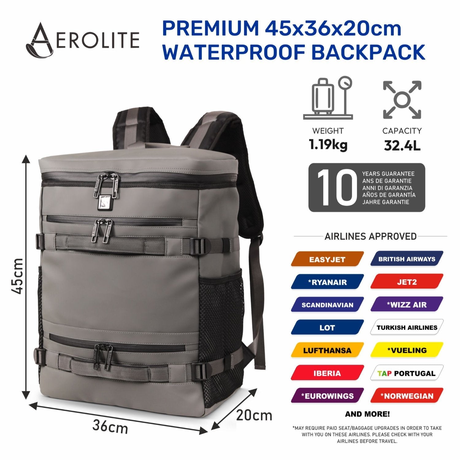 Aerolite Waterproof Backpack – Easyjet Maximum Underseat Size 45×36×20cm, 32L Cabin Rucksack with 15.6″ Laptop Sleeve, Multiple Pockets & Travel-Friendly Features – Dark Green